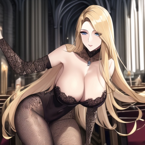long hair blonde nude small boobs fishnet front view church woman