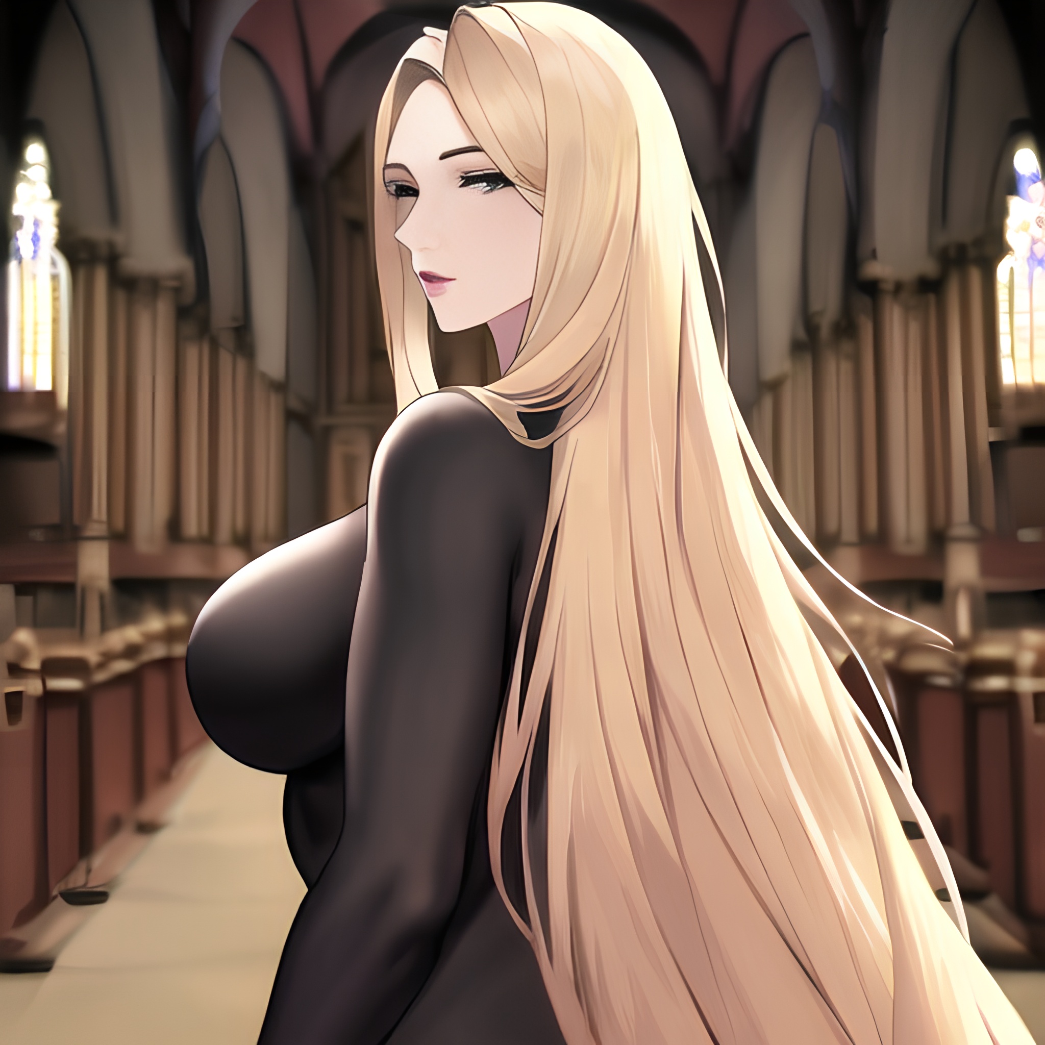 long hair blonde nude small boobs front view church woman fishnet 