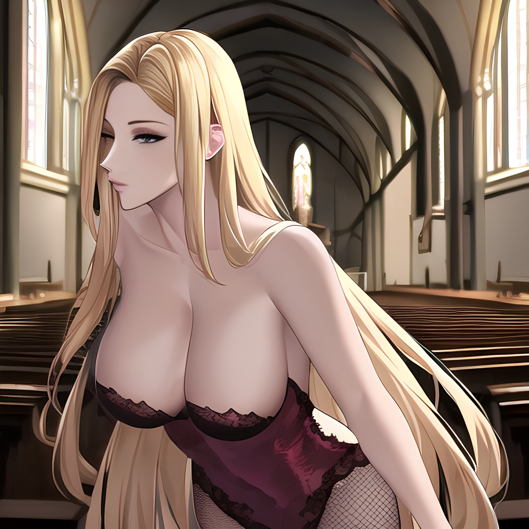 long hair blonde small boobs church fishnet nude woman front view 