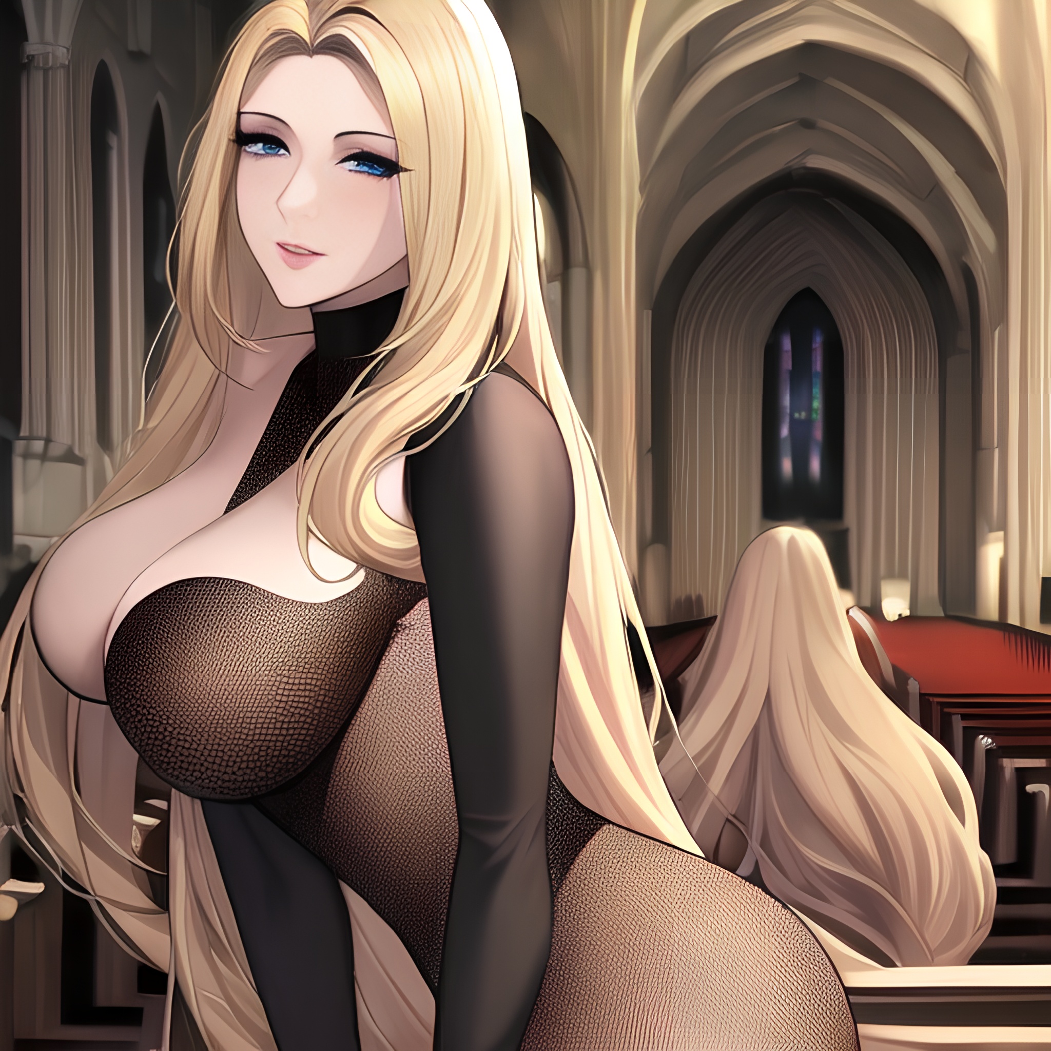 long hair blonde small boobs church woman front view fishnet nude 