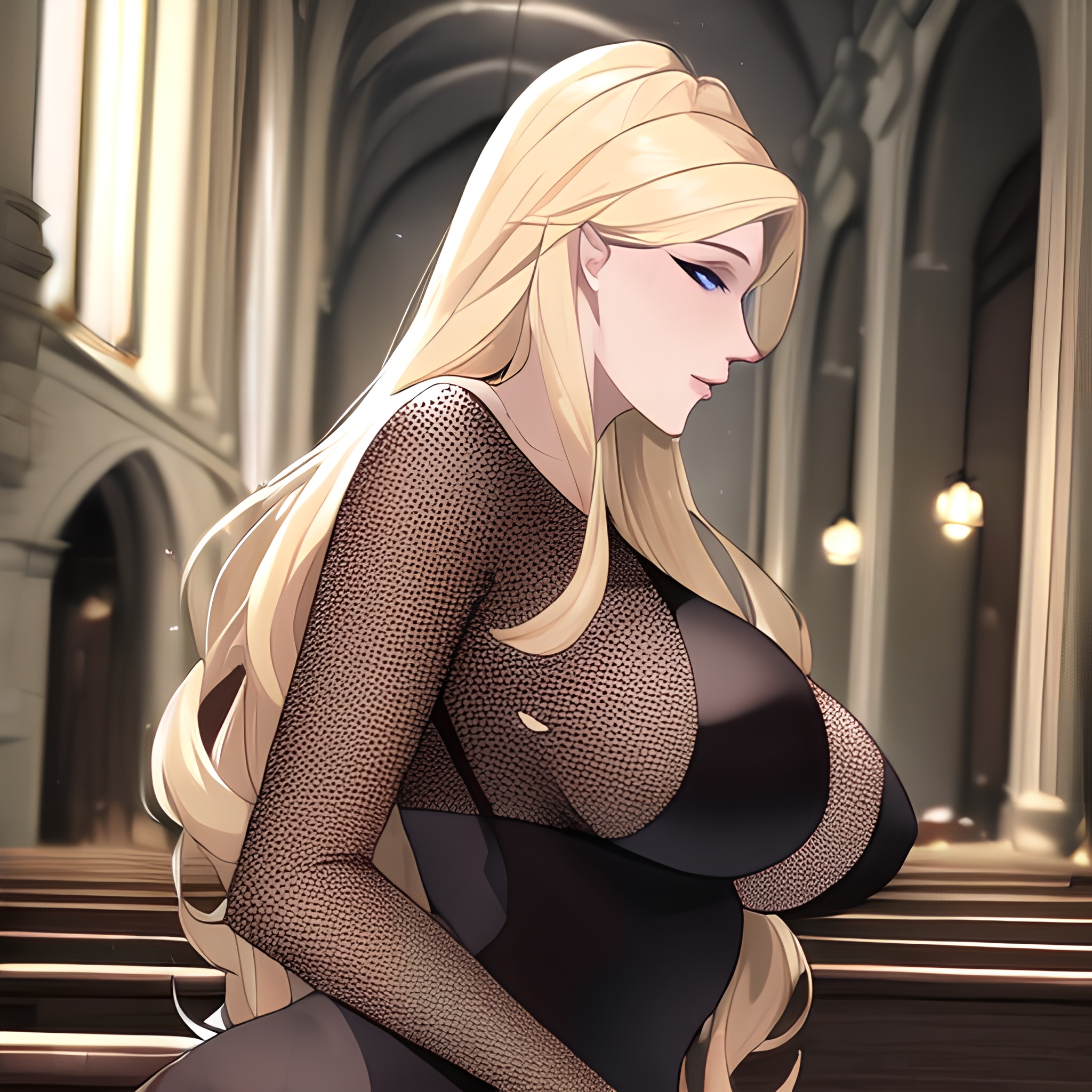 long hair blonde woman church nude front view small boobs fishnet 