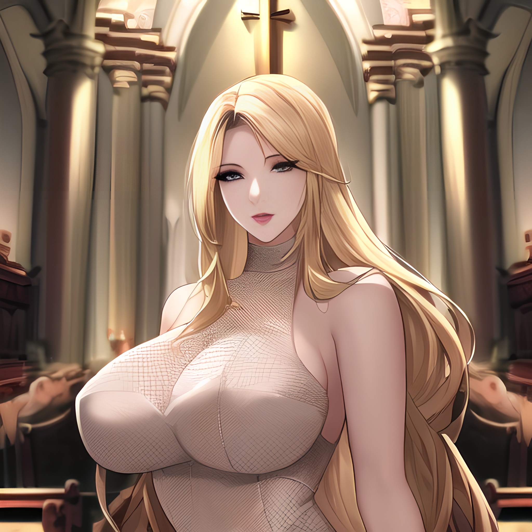 long hair blonde woman small boobs front view church fishnet nude 