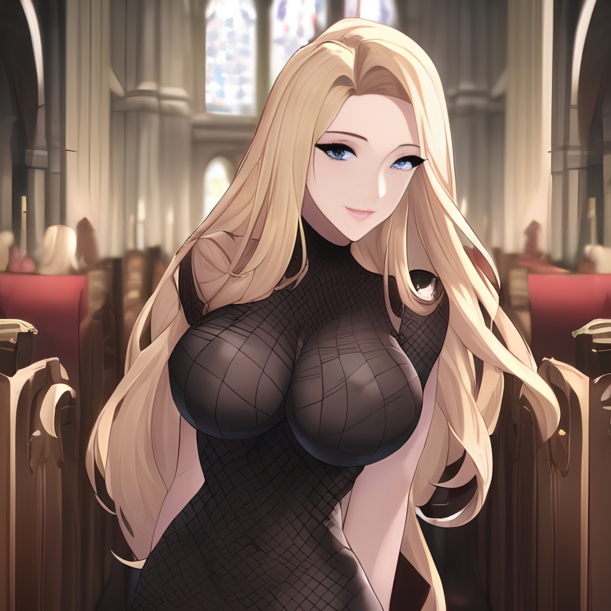 long hair blonde woman small boobs nude fishnet front view church 