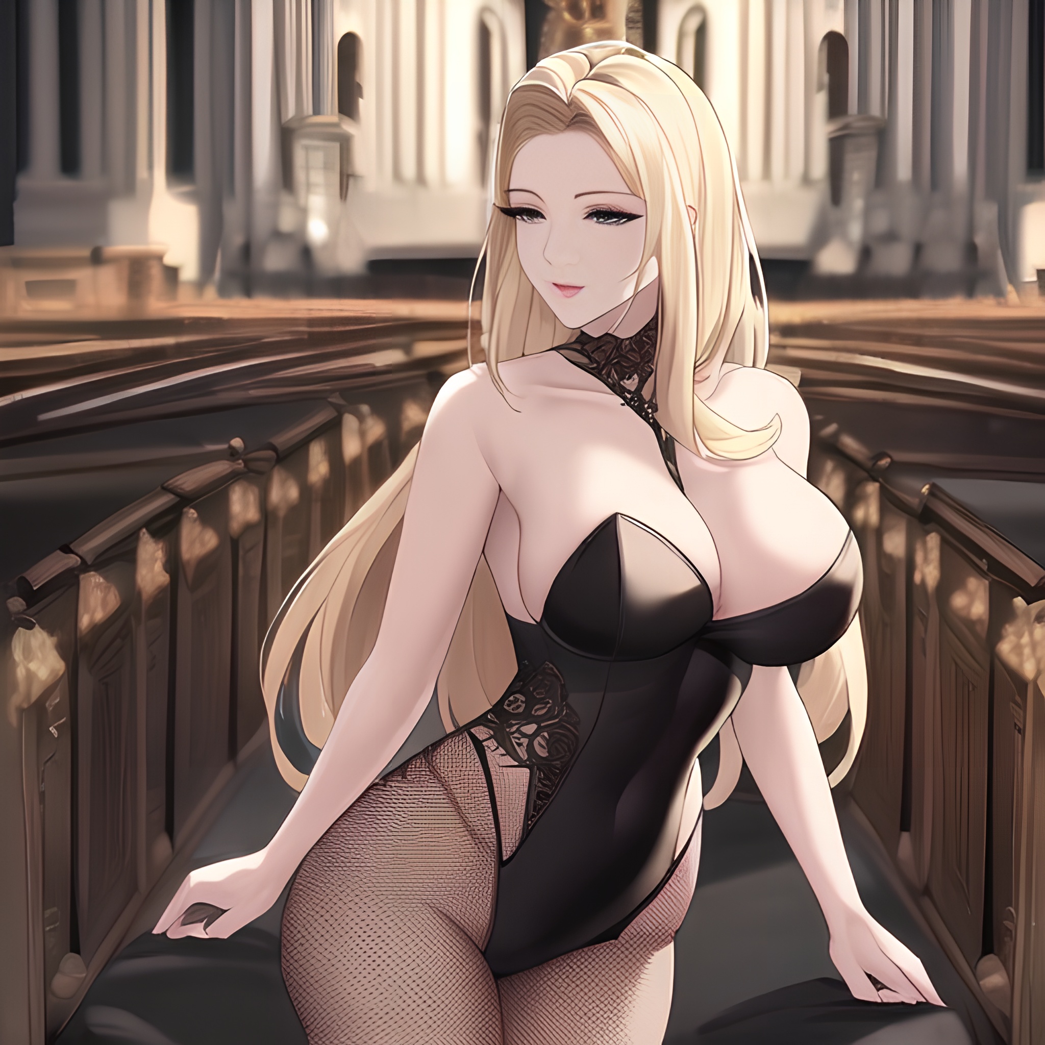 long hair church blonde fishnet small boobs woman front view nude 