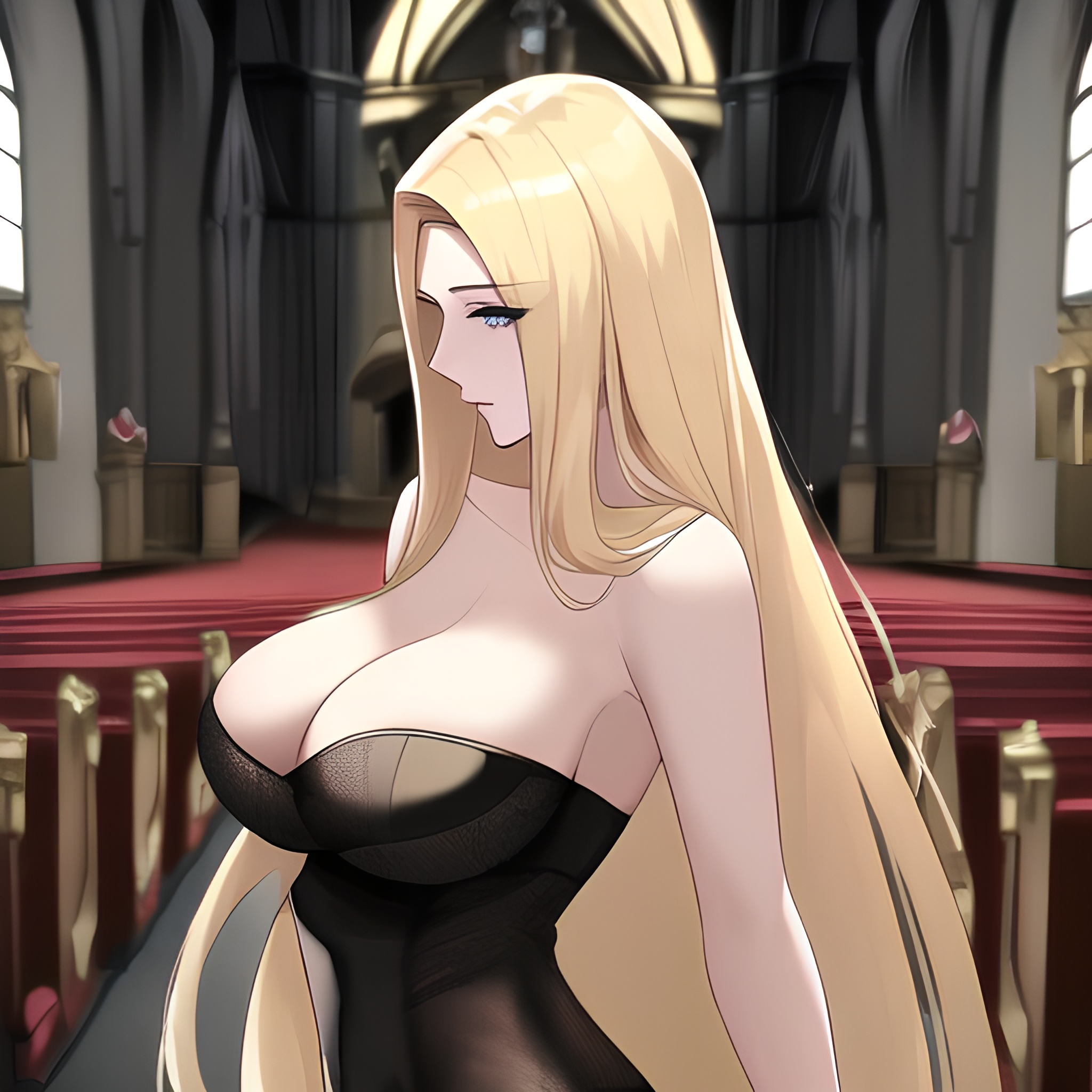 long hair church blonde fishnet small boobs woman nude front view 