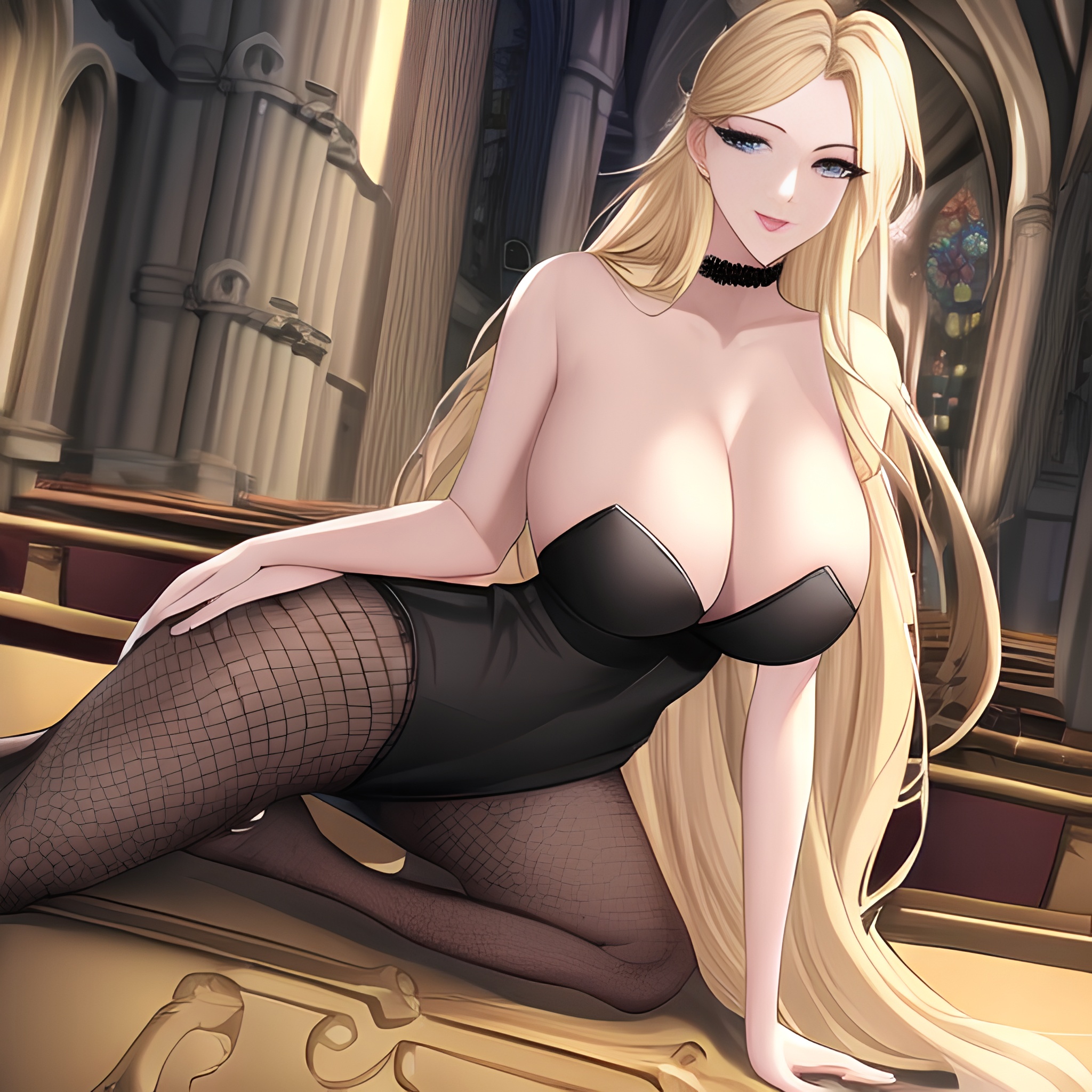 long hair church blonde small boobs fishnet nude front view woman 
