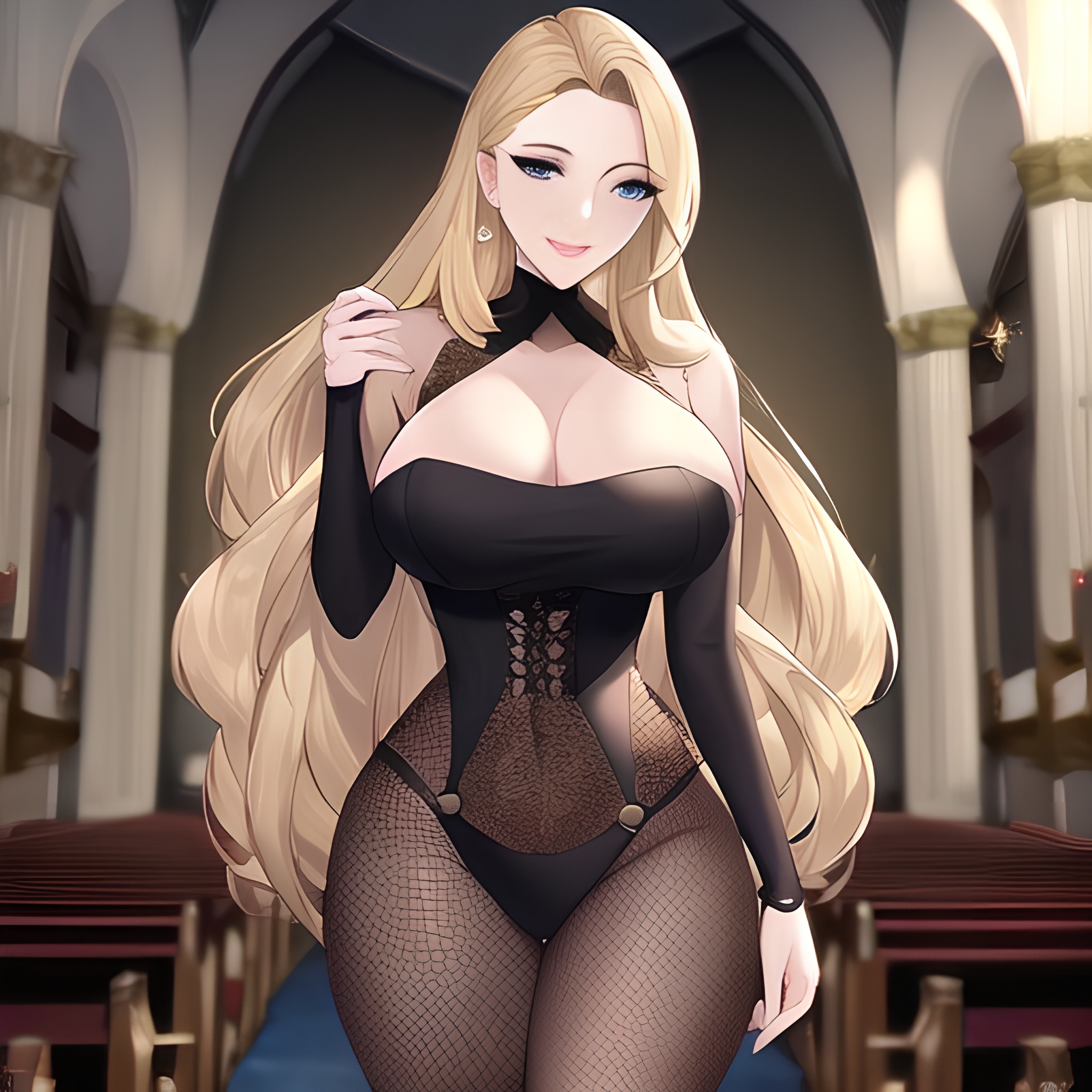 long hair church blonde small boobs front view woman nude fishnet 
