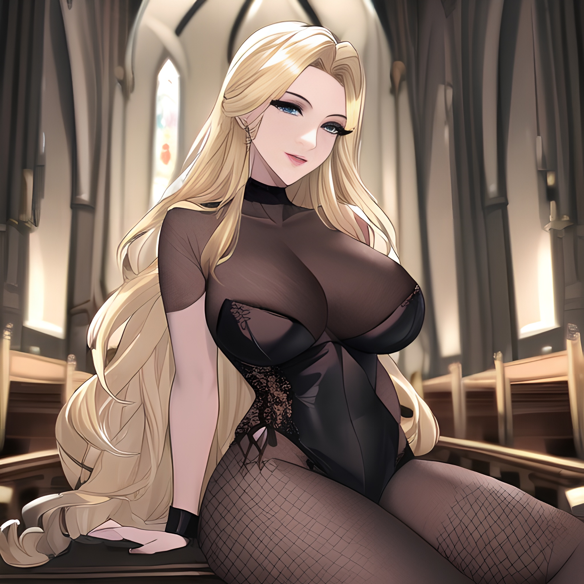 long hair church front view blonde small boobs woman fishnet nude 