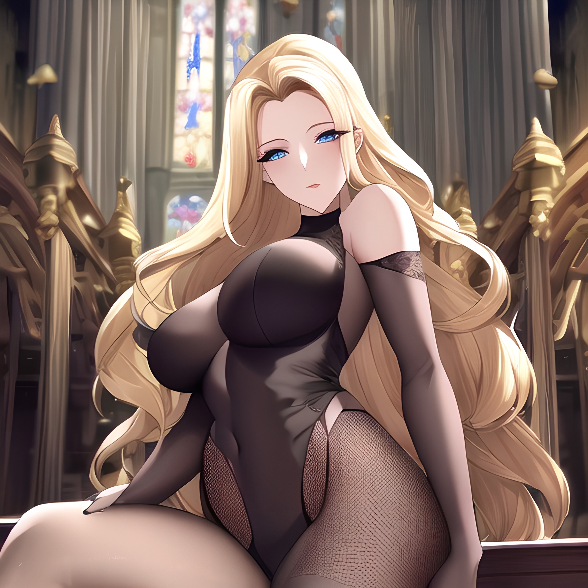 long hair church front view blonde woman small boobs fishnet nude
