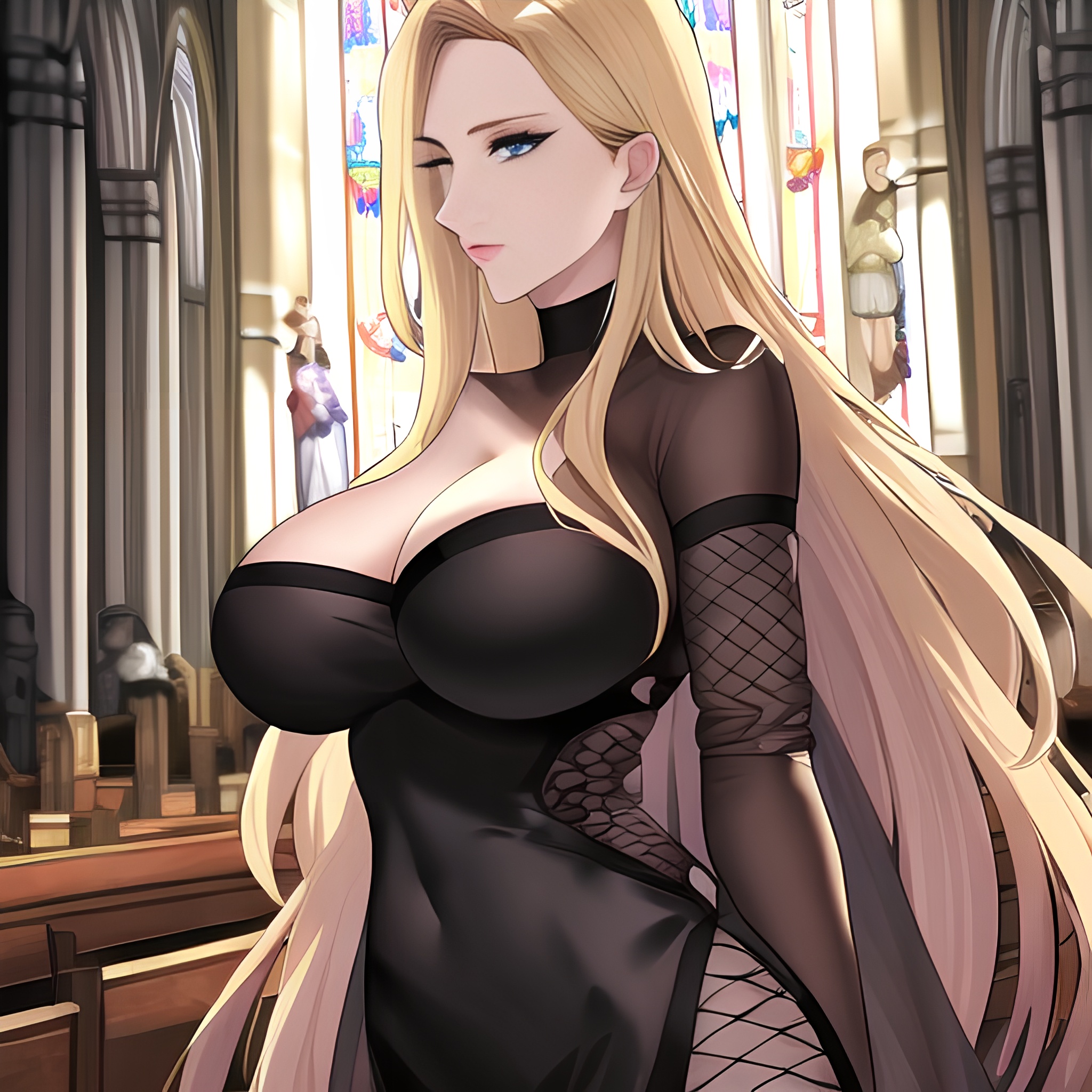 long hair church front view nude fishnet small boobs woman blonde