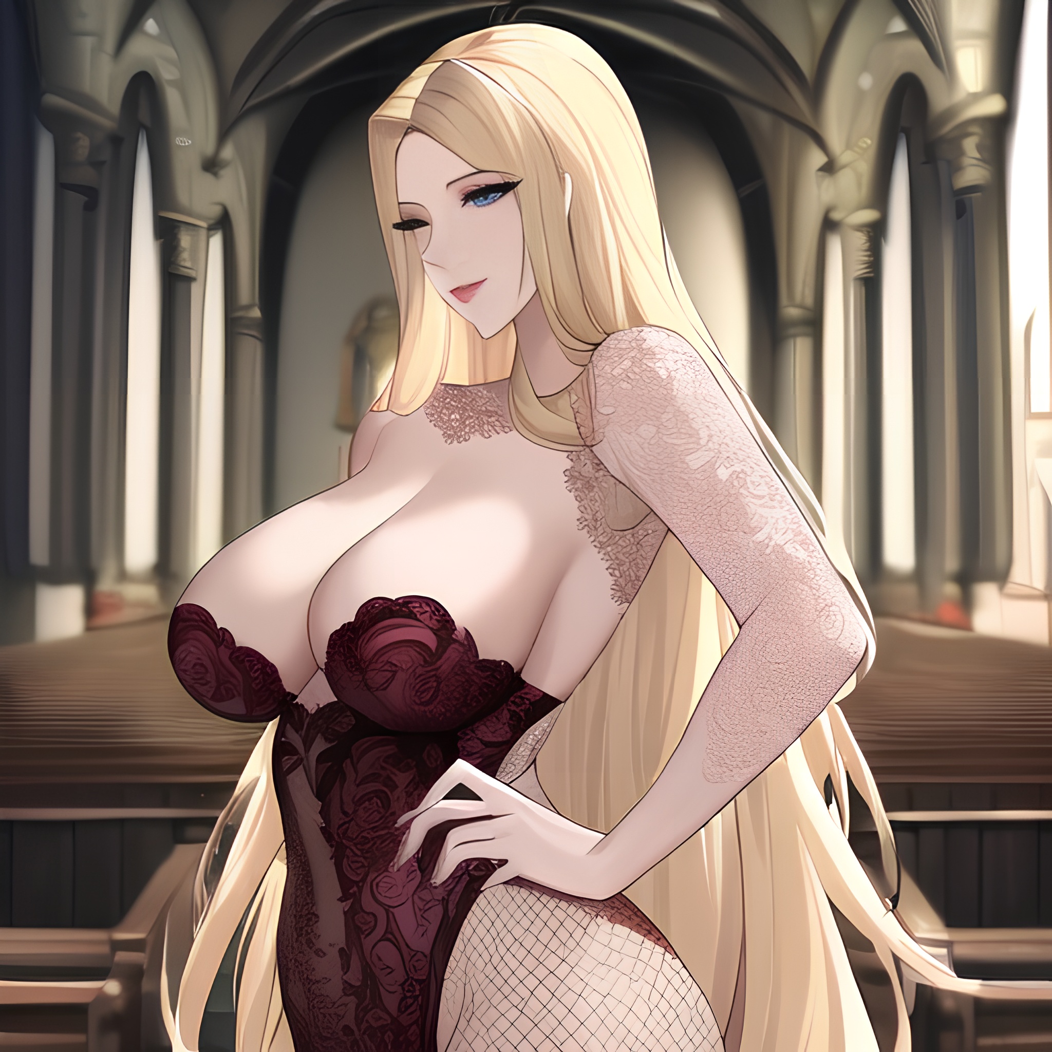 long hair church nude small boobs woman front view blonde fishnet 