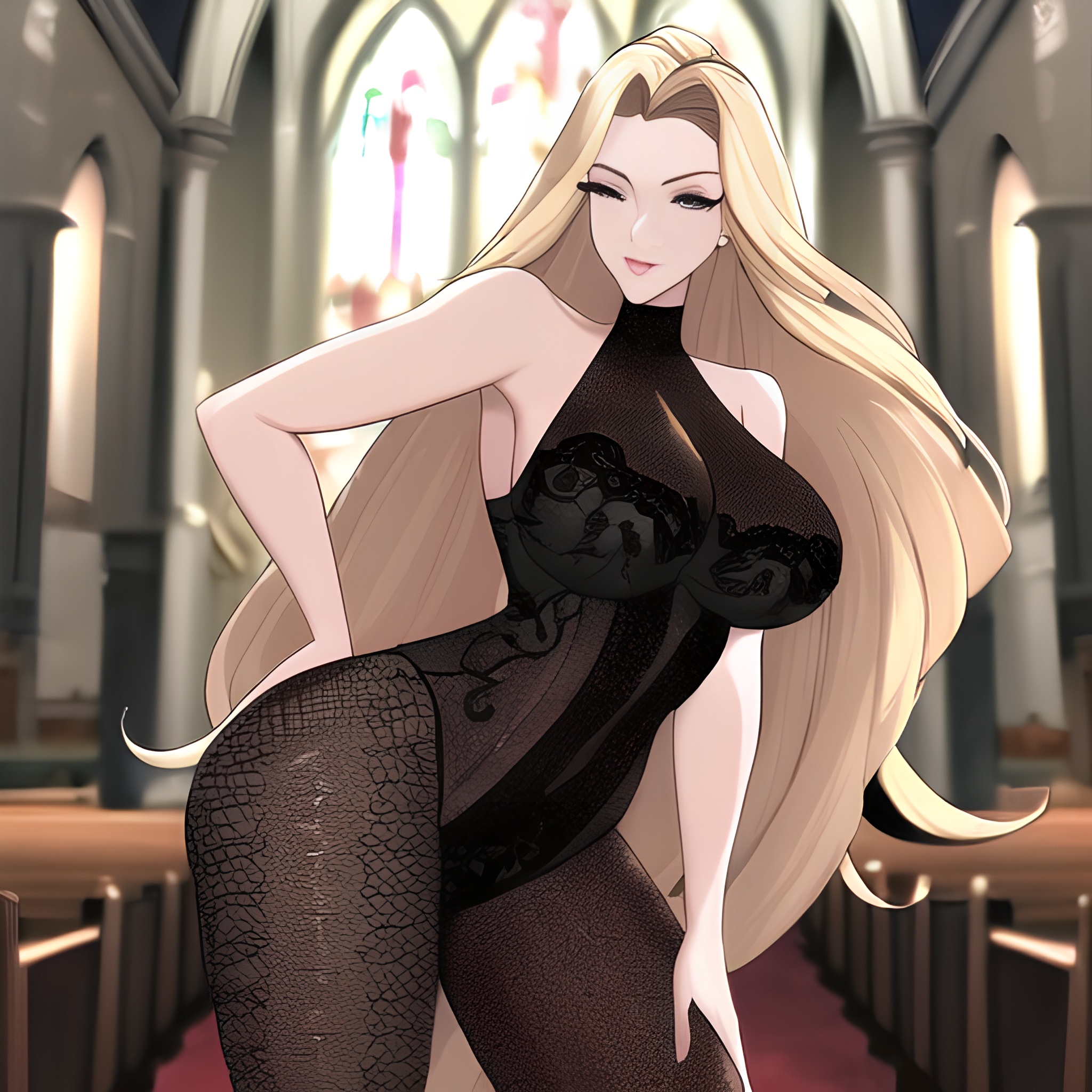 long hair church nude woman front view small boobs blonde fishnet 