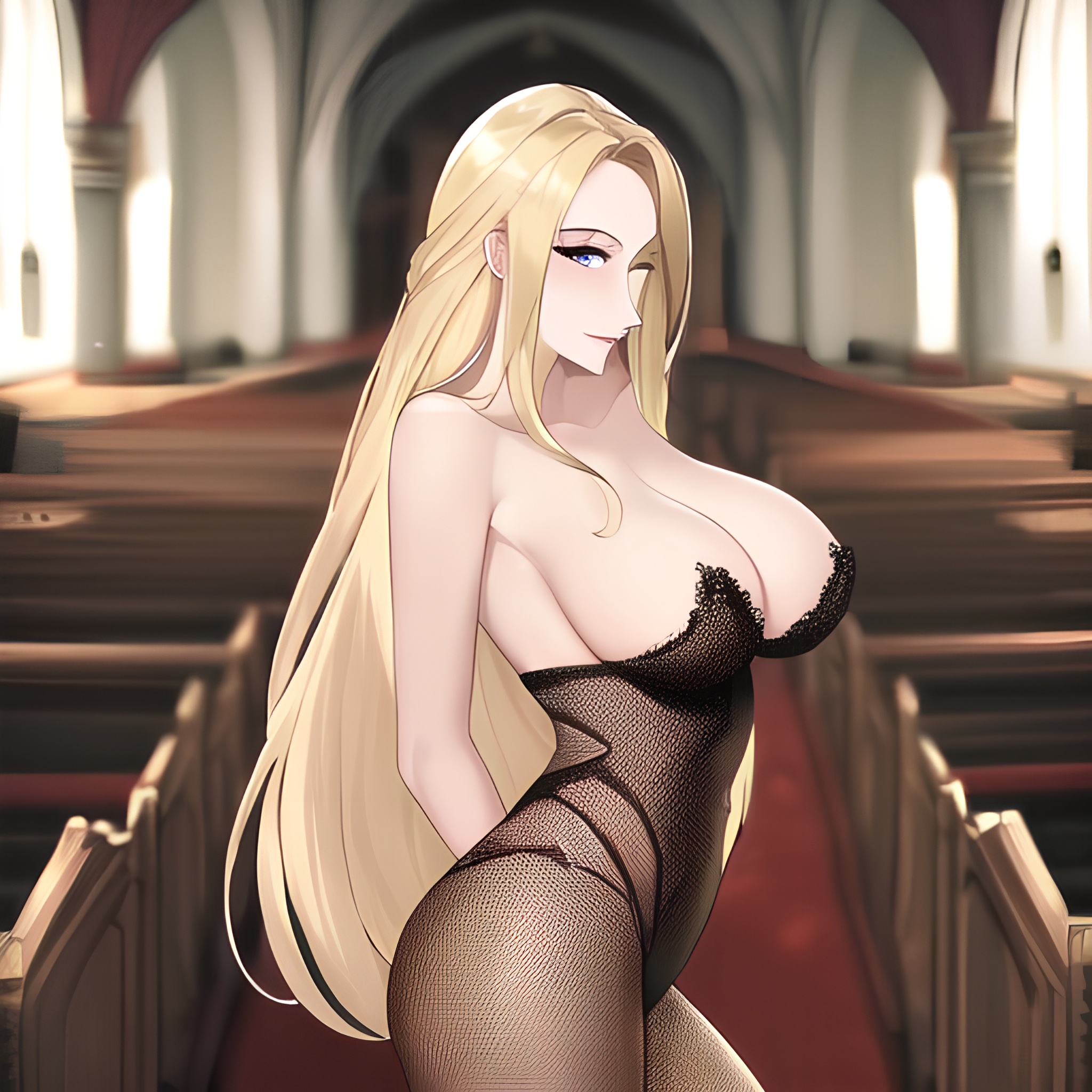 long hair fishnet blonde church small boobs nude front view woman 