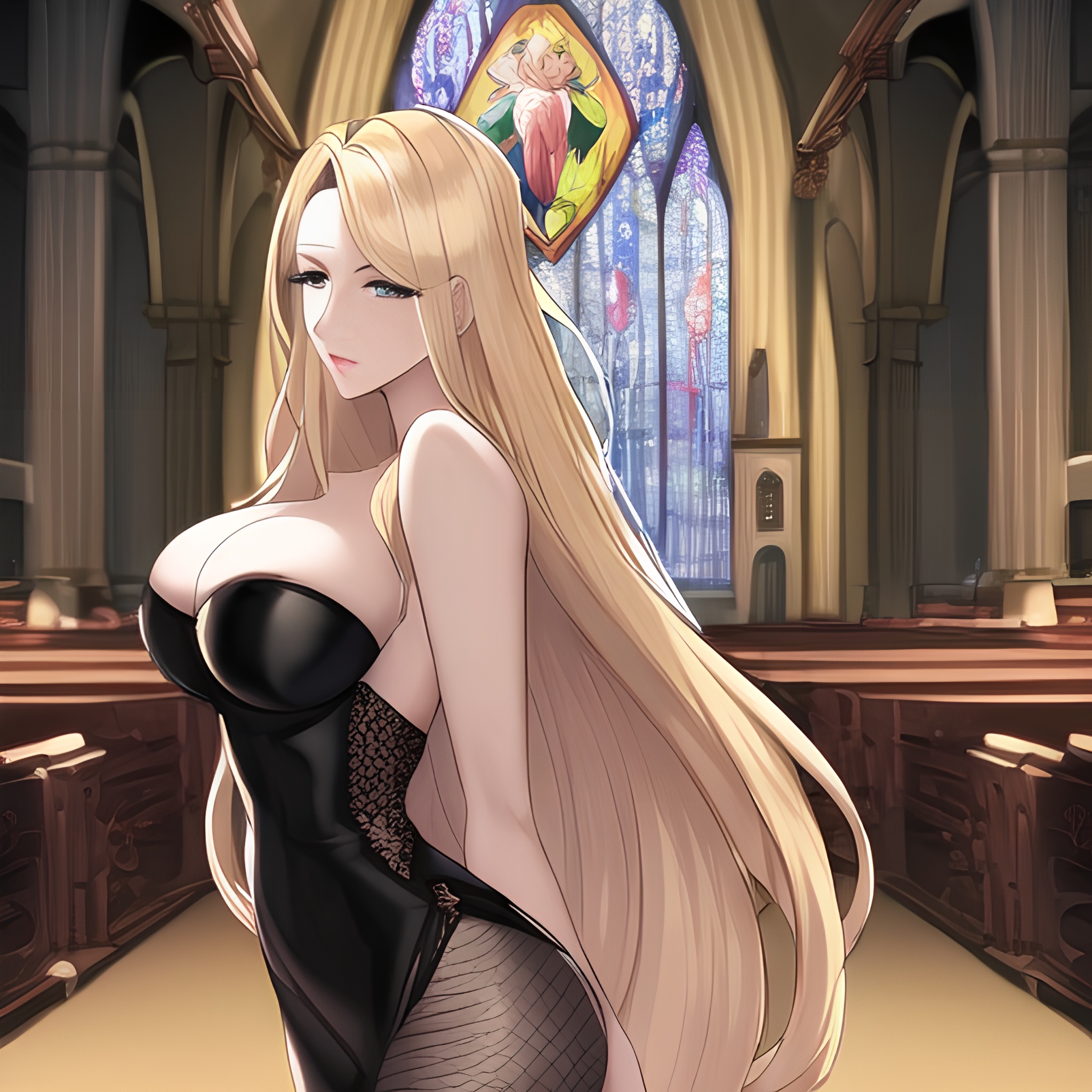 long hair fishnet blonde church small boobs woman nude front view 