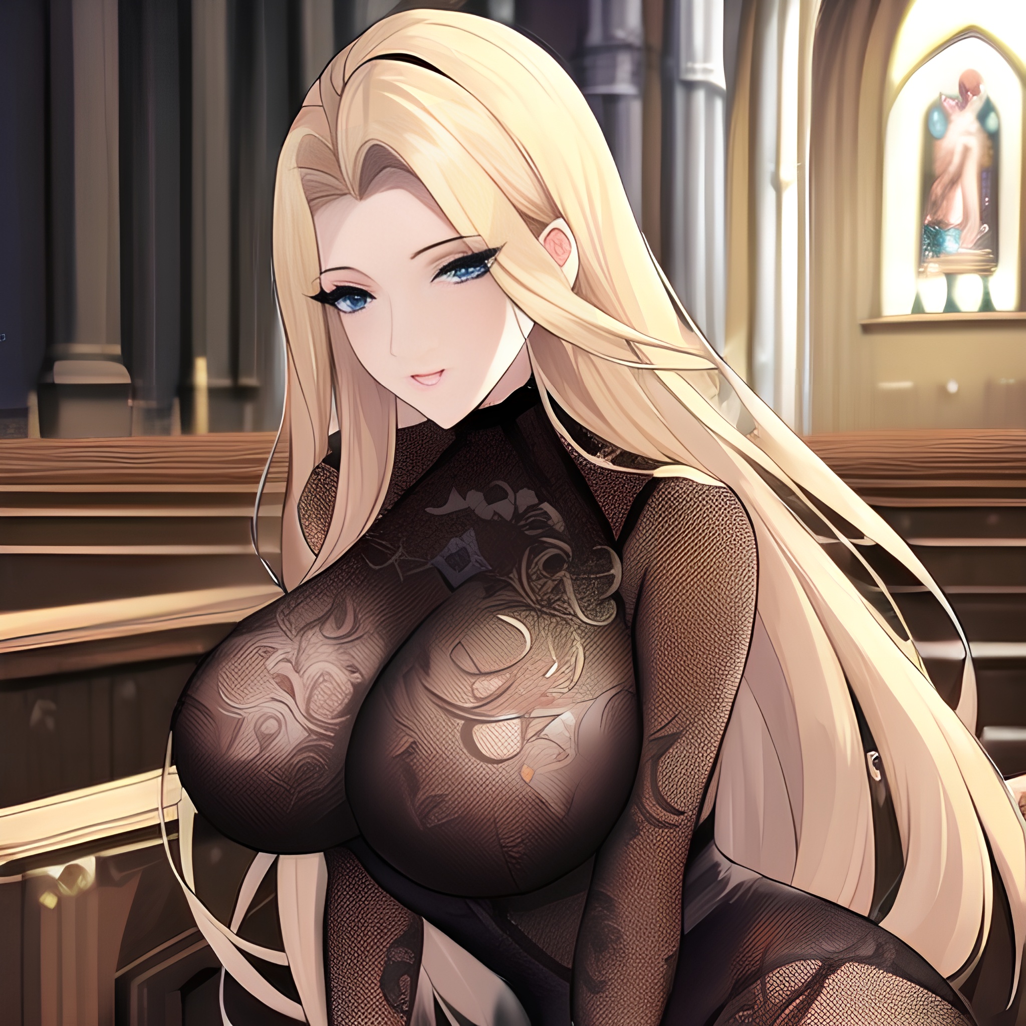 long hair fishnet church front view nude small boobs blonde woman 