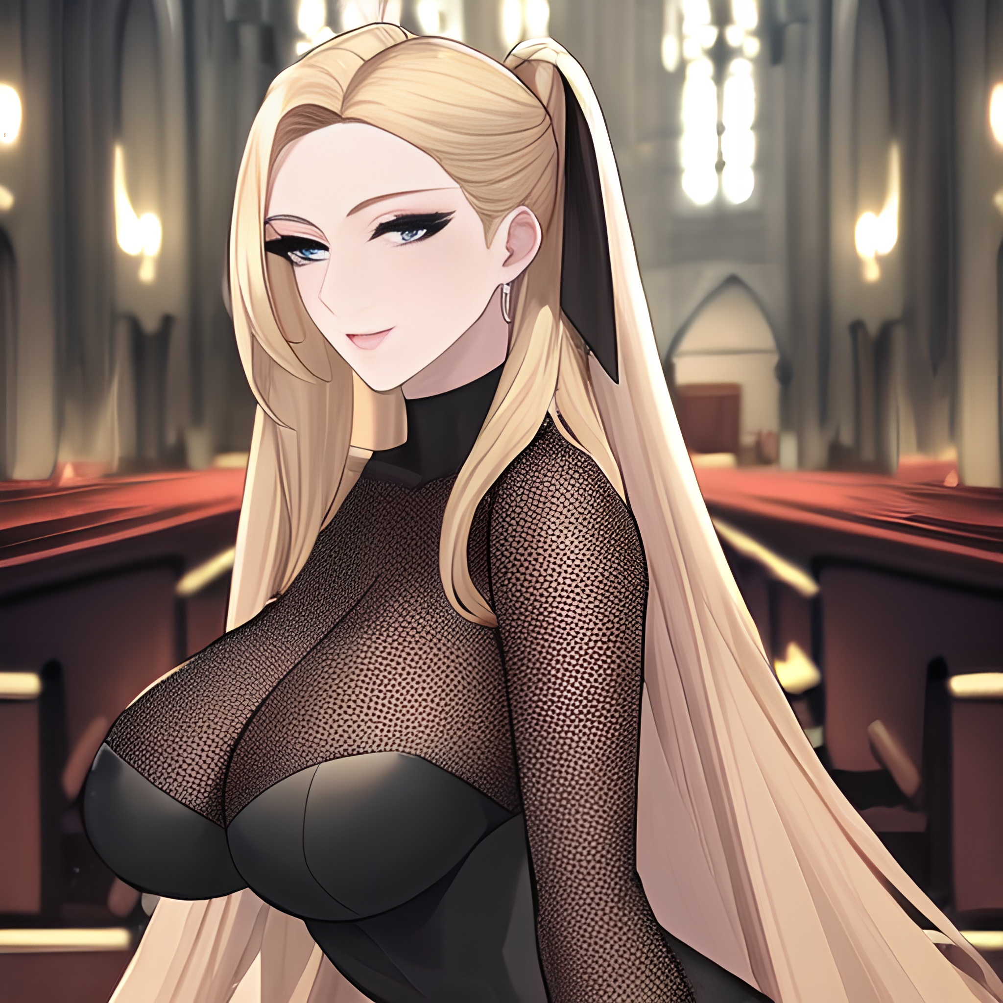 long hair fishnet church front view woman nude small boobs blonde 