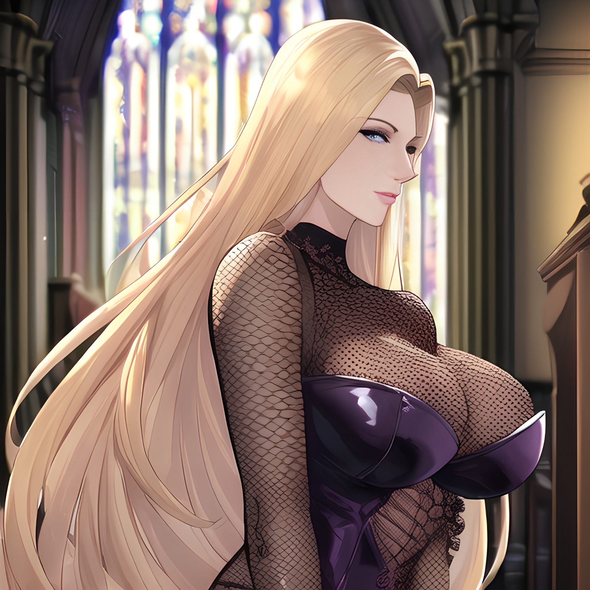 long hair fishnet church small boobs front view nude woman blonde 