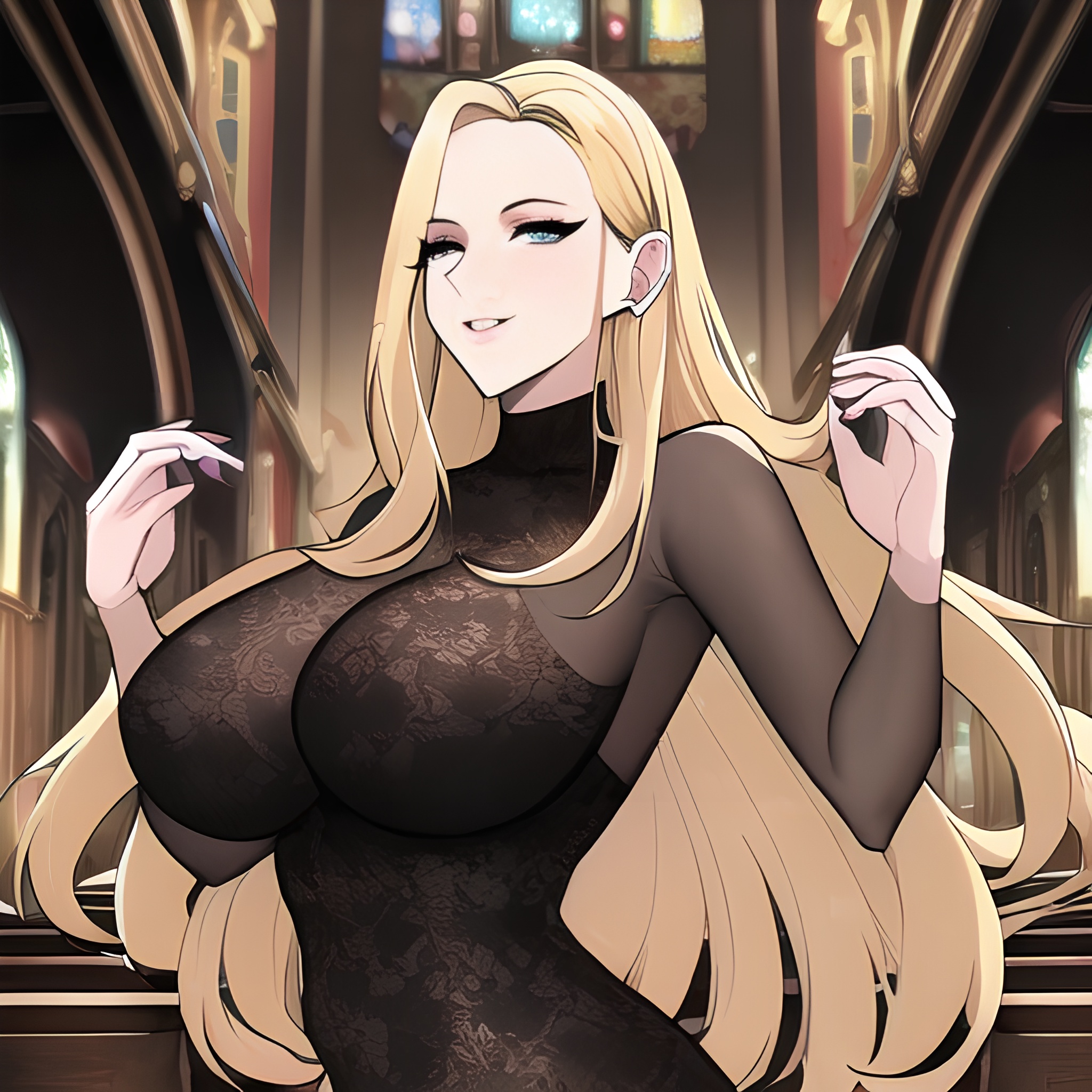 long hair fishnet church woman nude front view small boobs blonde 