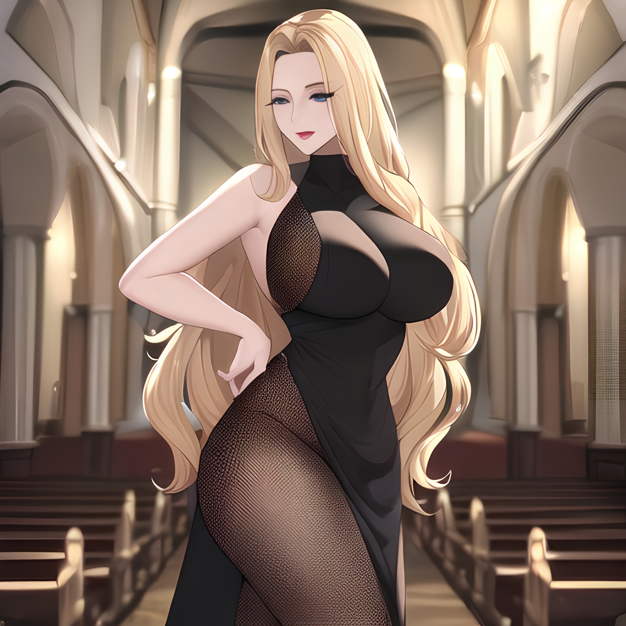 long hair fishnet front view church blonde small boobs nude woman 