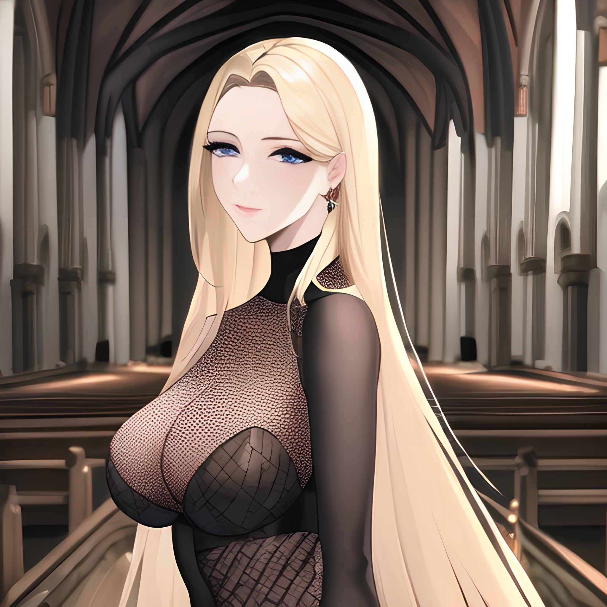long hair fishnet front view church blonde woman nude small boobs 