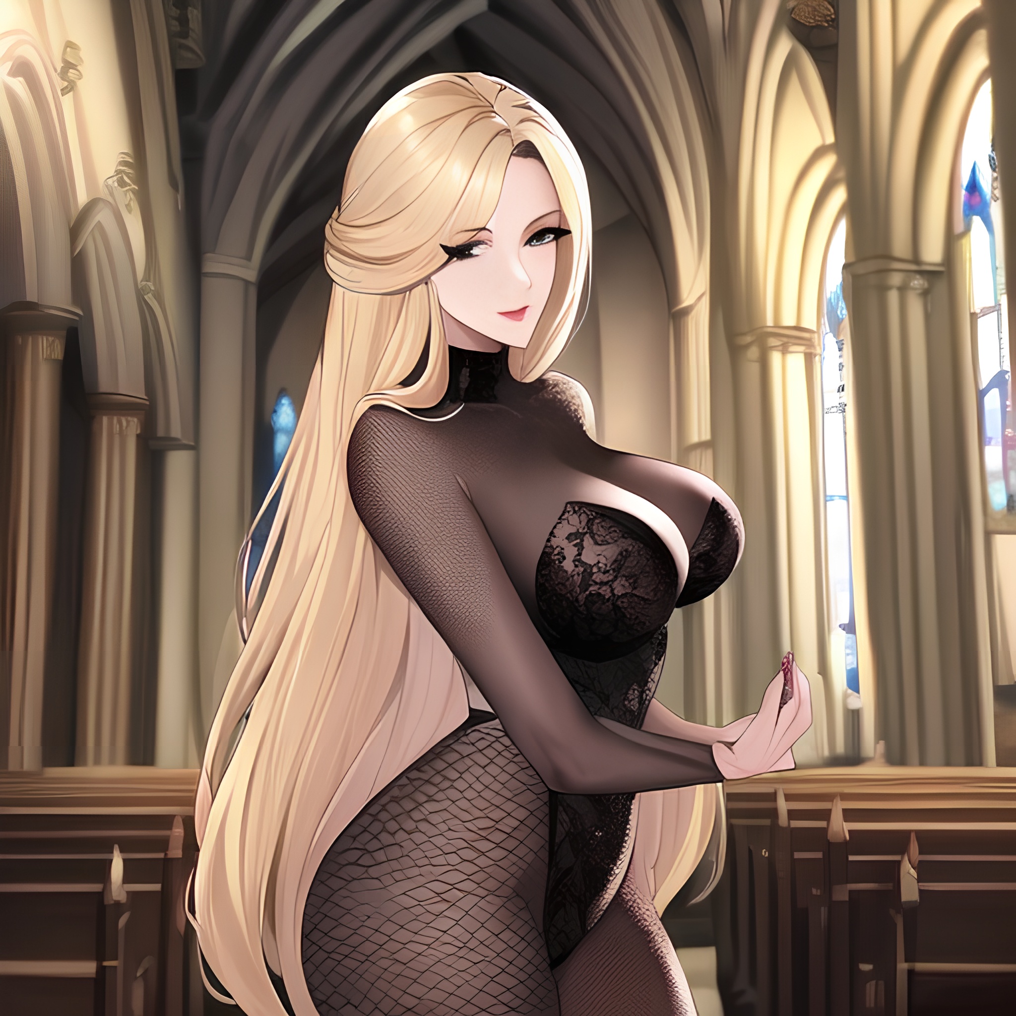 long hair fishnet front view nude church blonde woman small boobs