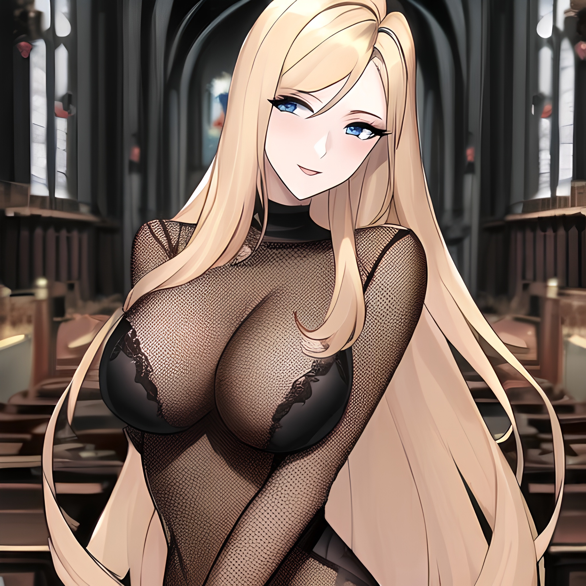 long hair fishnet nude blonde small boobs front view woman church 