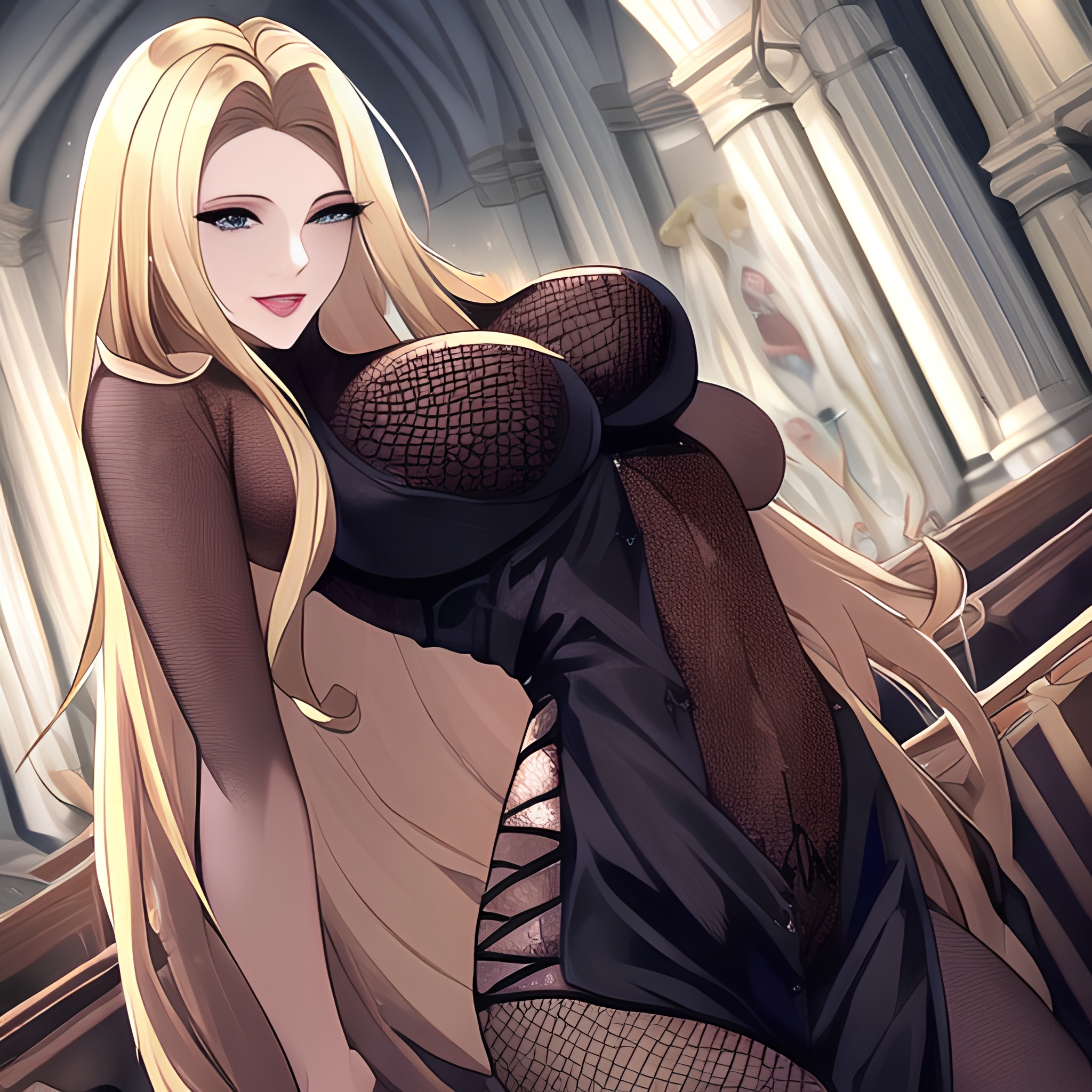 long hair fishnet nude small boobs front view blonde woman church 