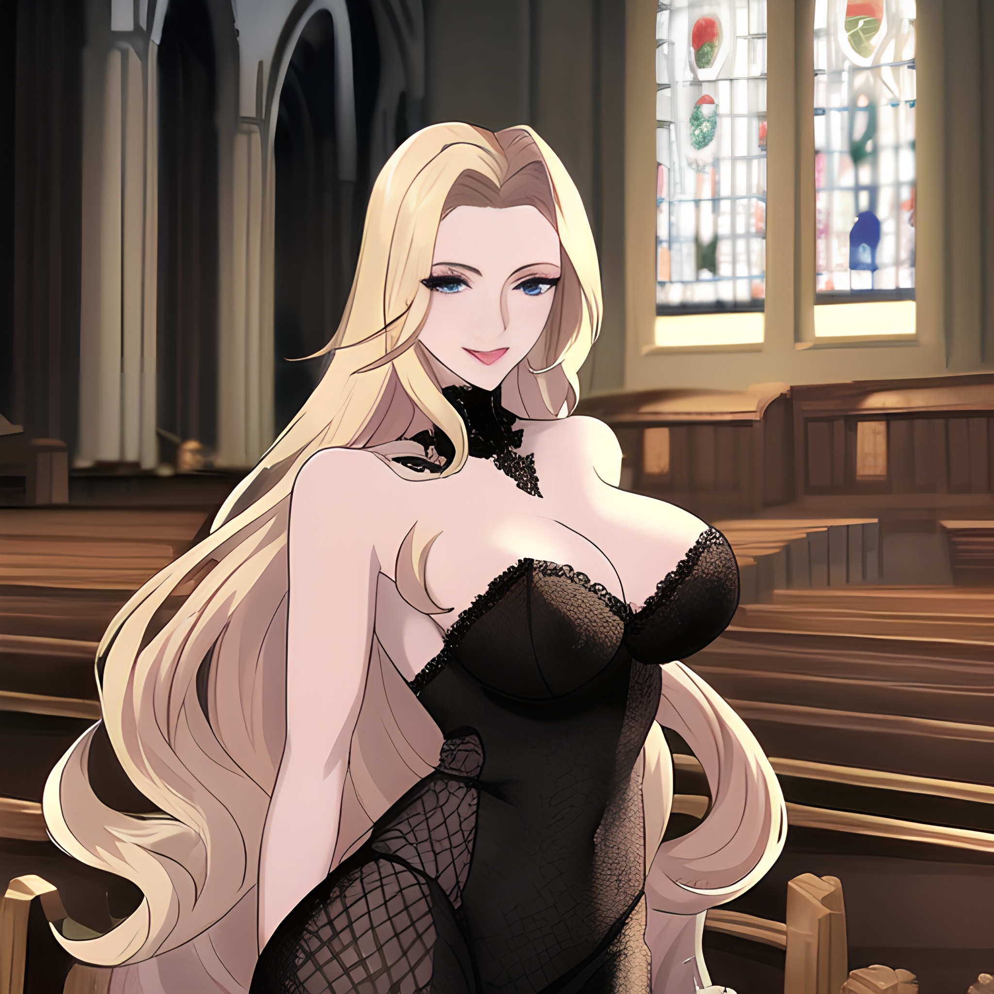 long hair fishnet nude small boobs woman church front view blonde 