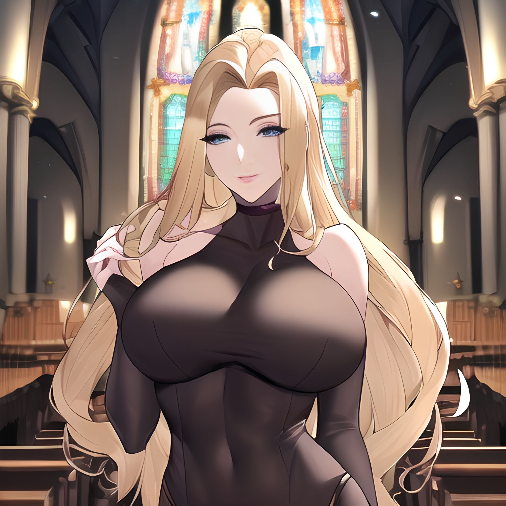 long hair fishnet nude small boobs woman front view church blonde 