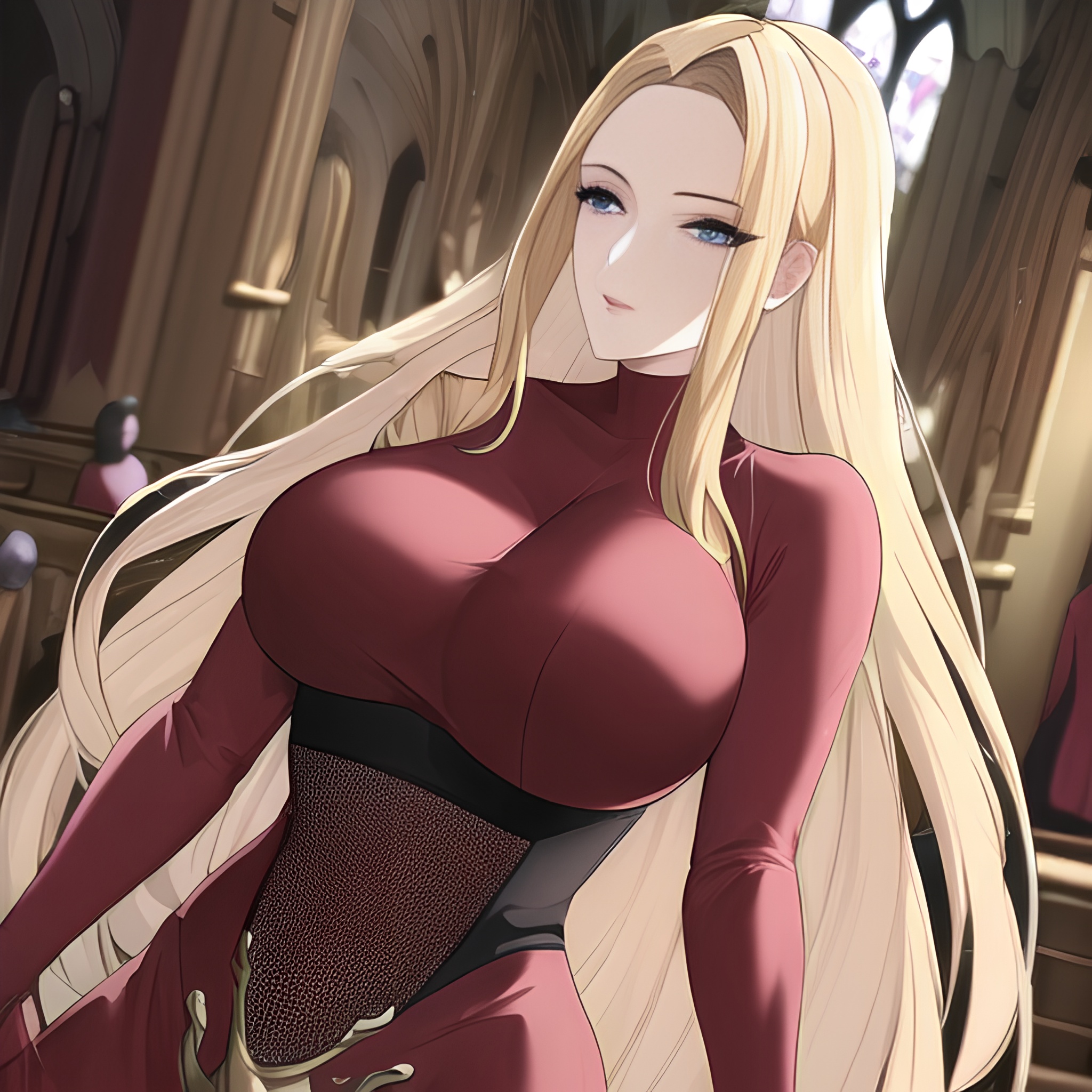 long hair fishnet nude woman blonde small boobs front view church 