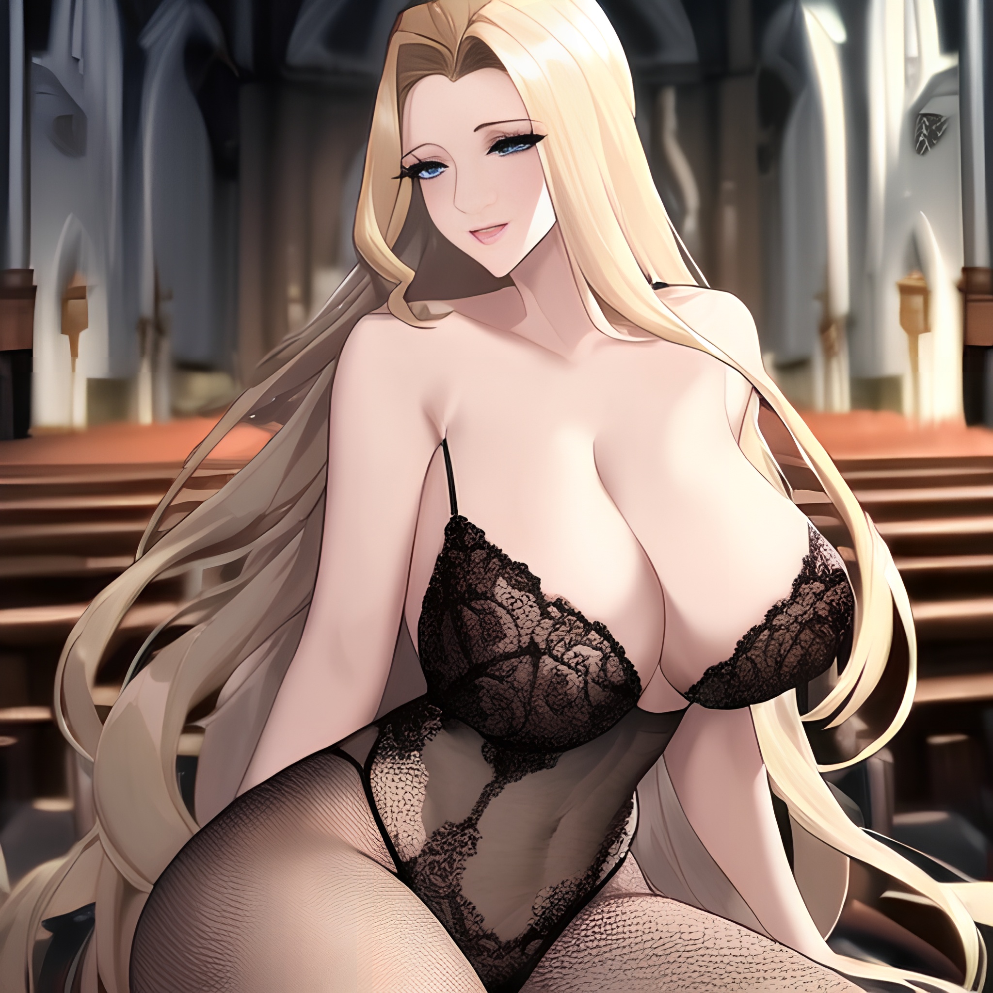long hair fishnet small boobs blonde front view nude church woman 