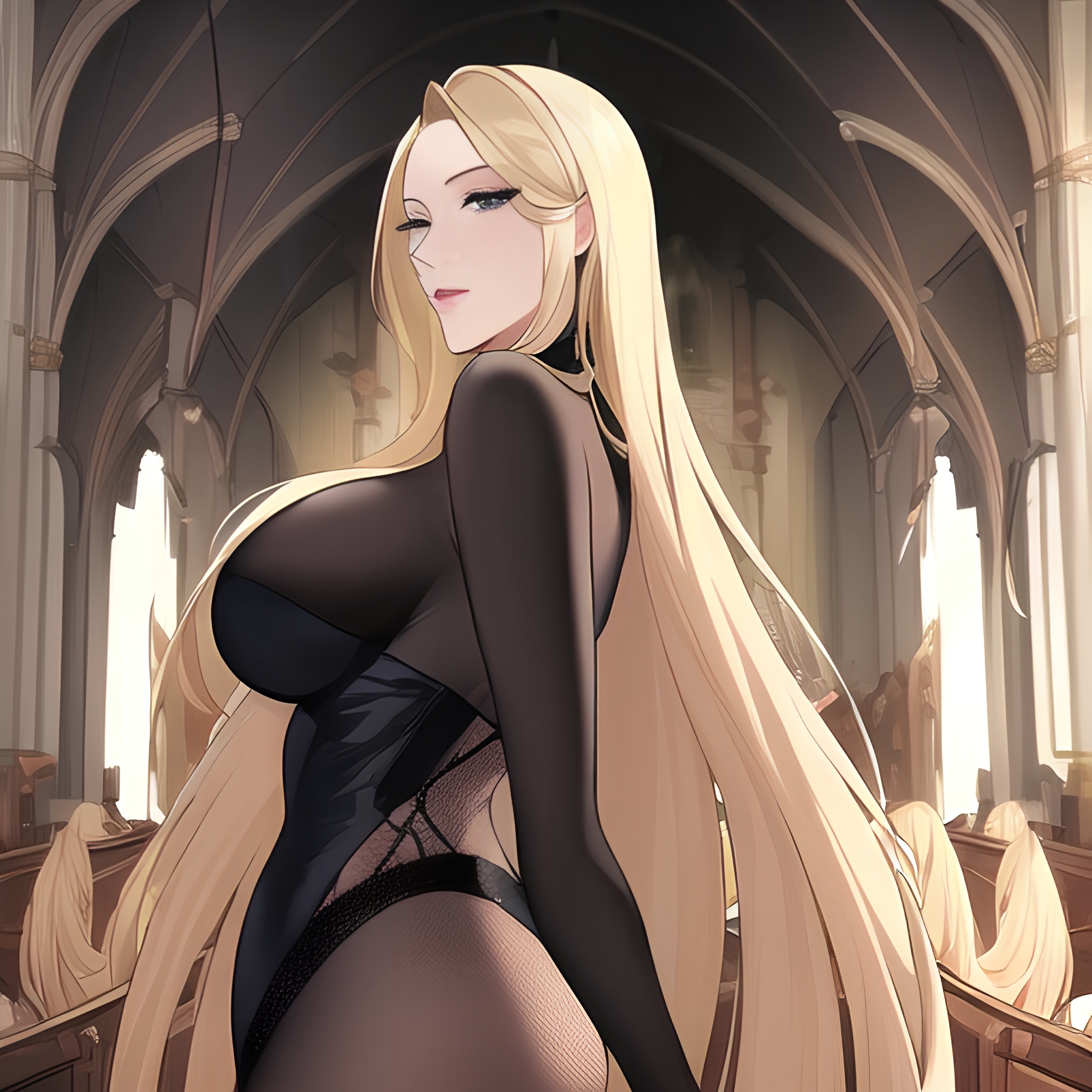 long hair fishnet small boobs blonde front view nude woman church