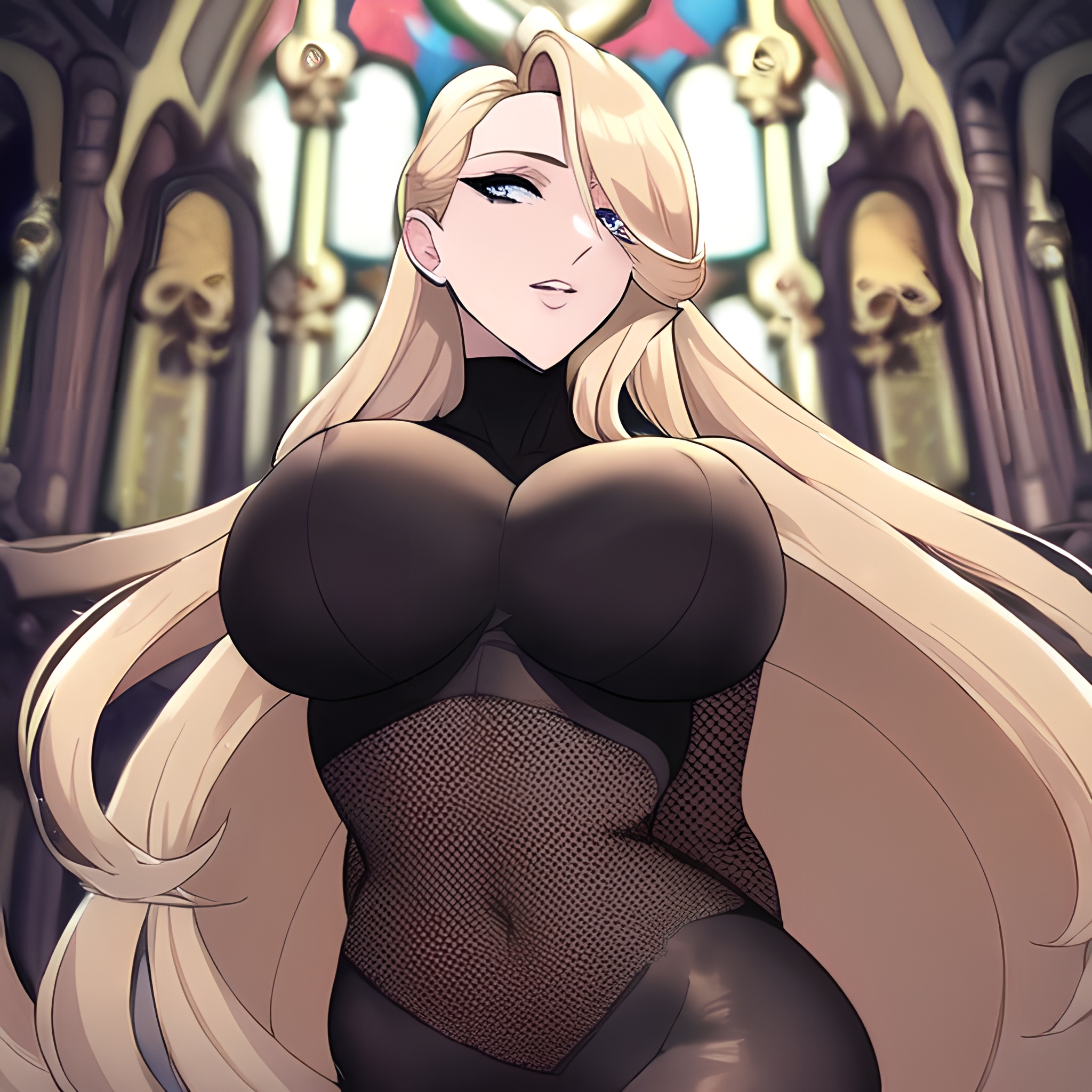 long hair fishnet small boobs blonde woman church front view nude 