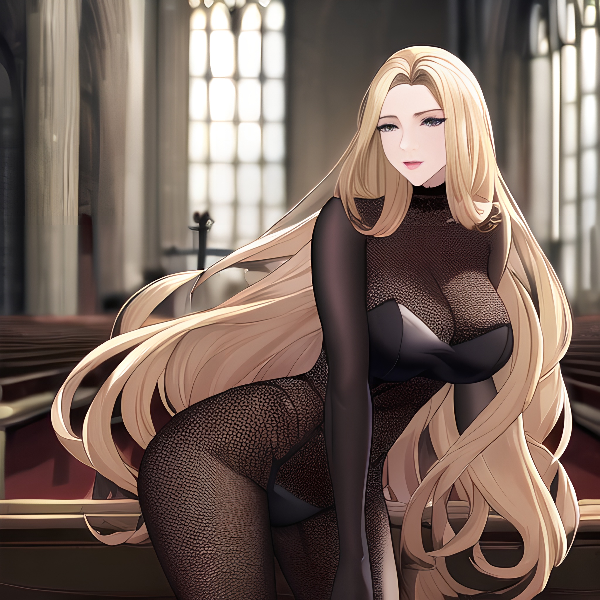 long hair fishnet small boobs blonde woman front view nude church 