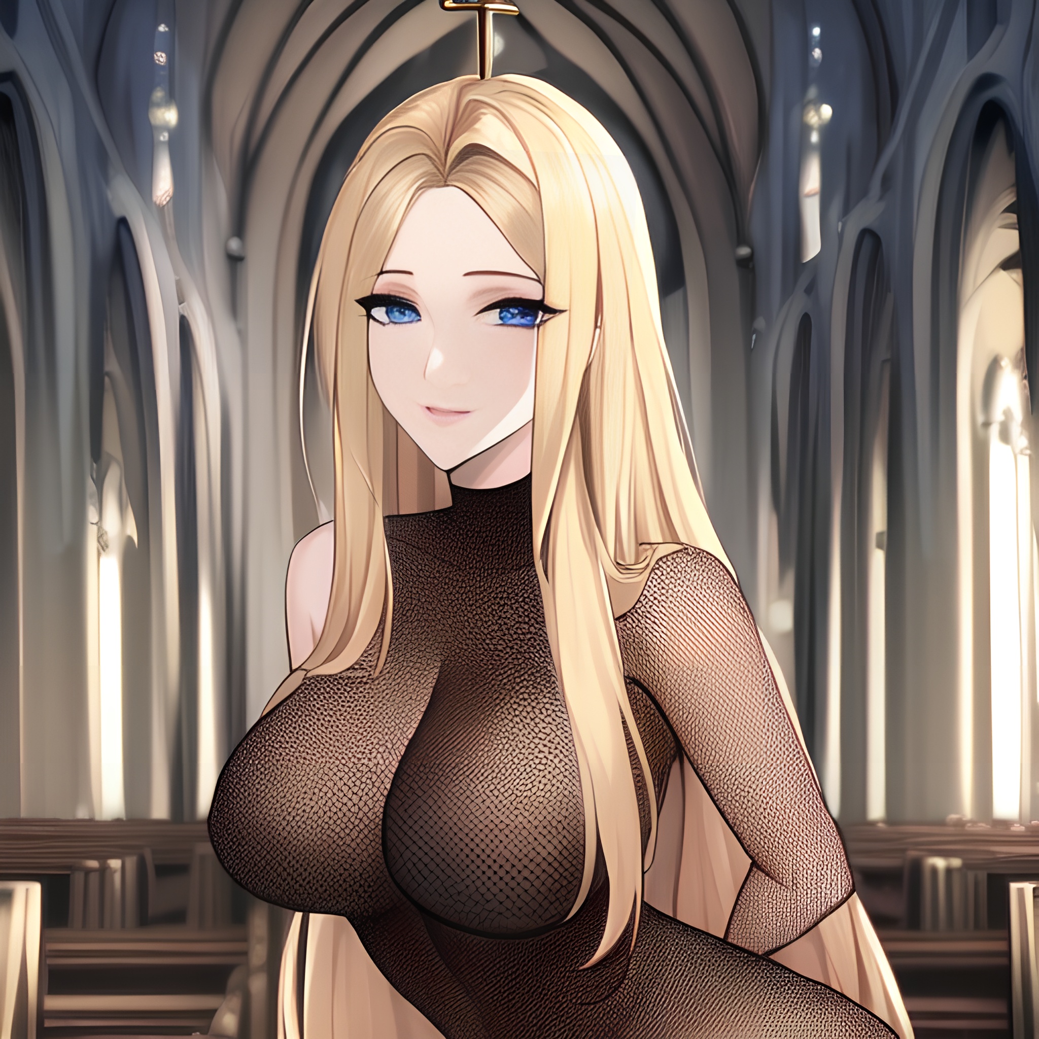 long hair fishnet small boobs church front view nude blonde woman