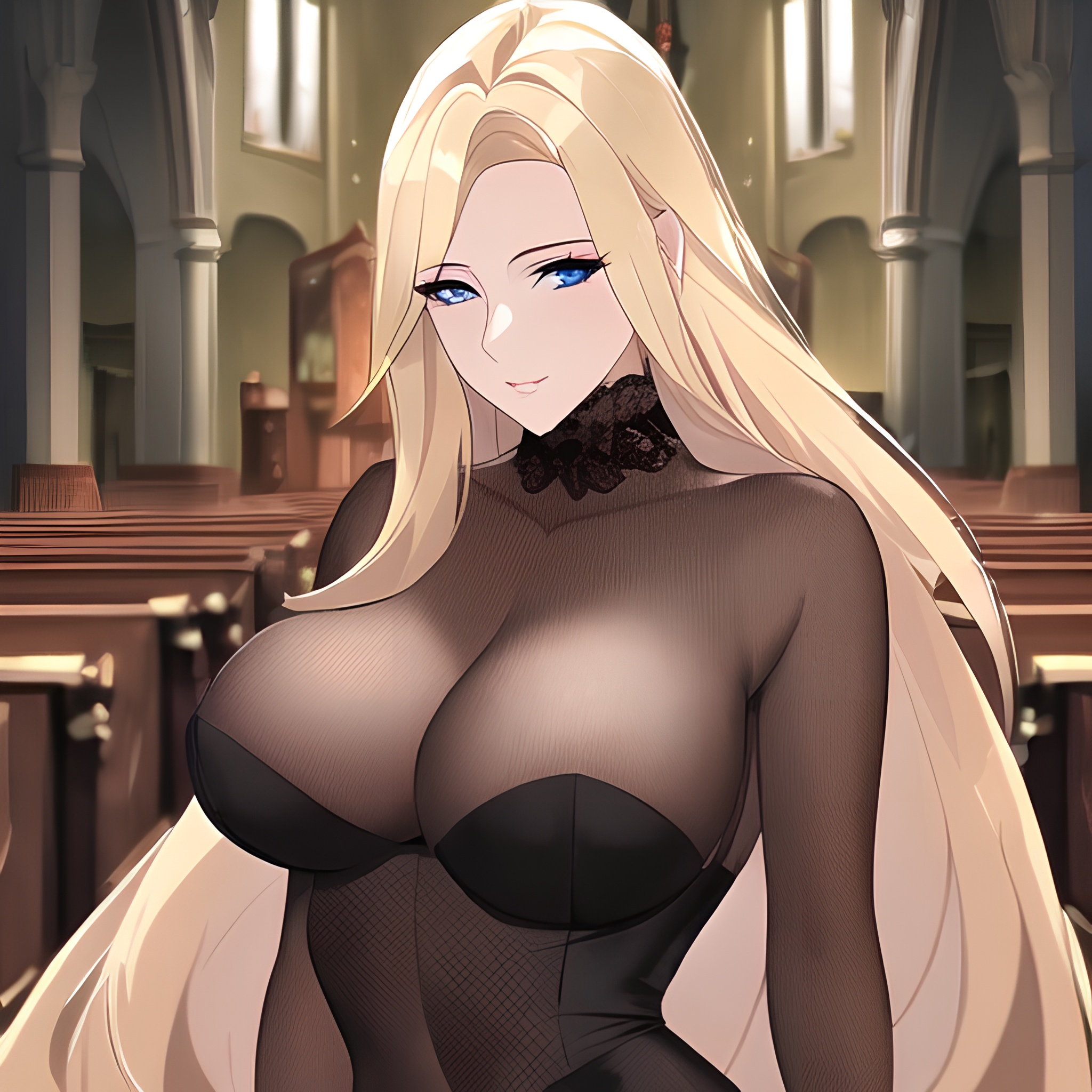 long hair fishnet small boobs church woman blonde nude front view 