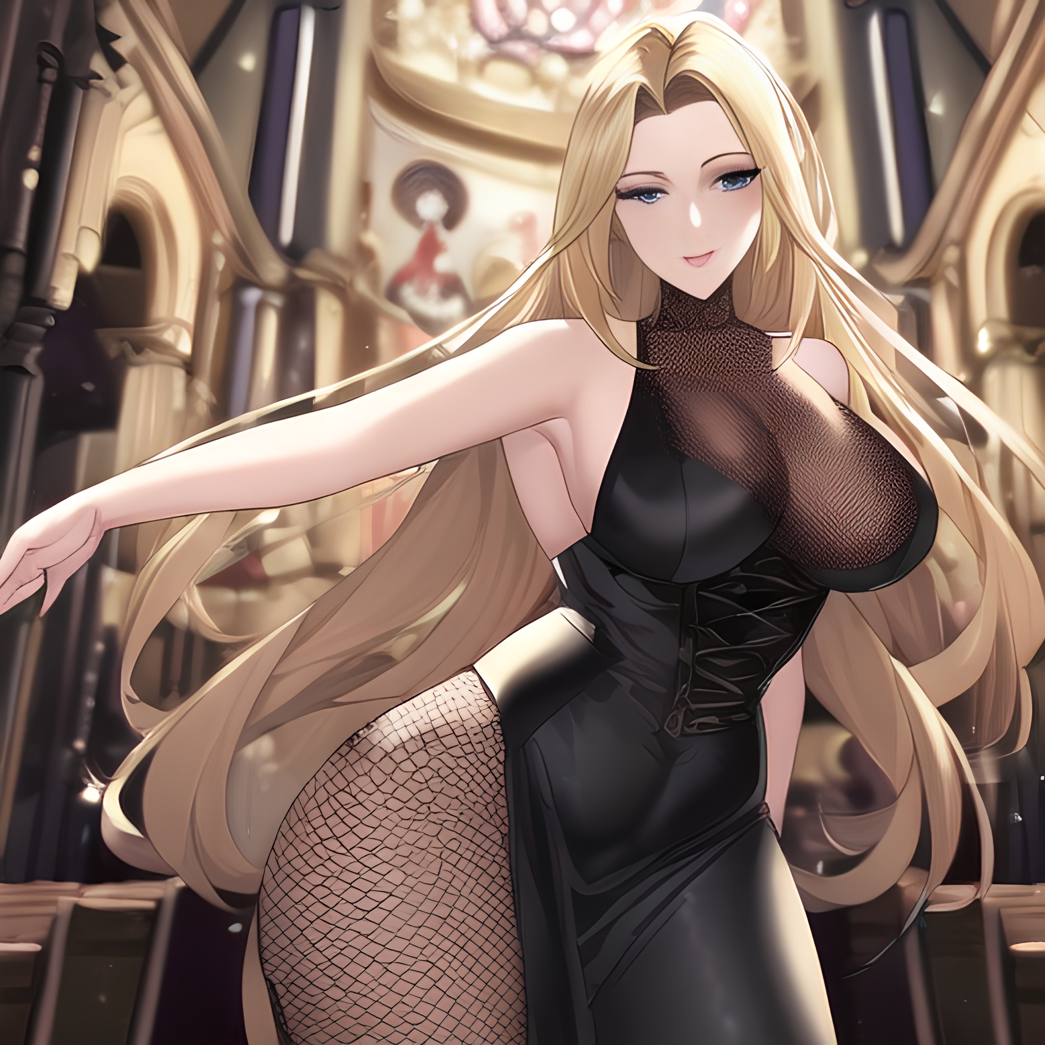 long hair fishnet small boobs church woman nude blonde front view 