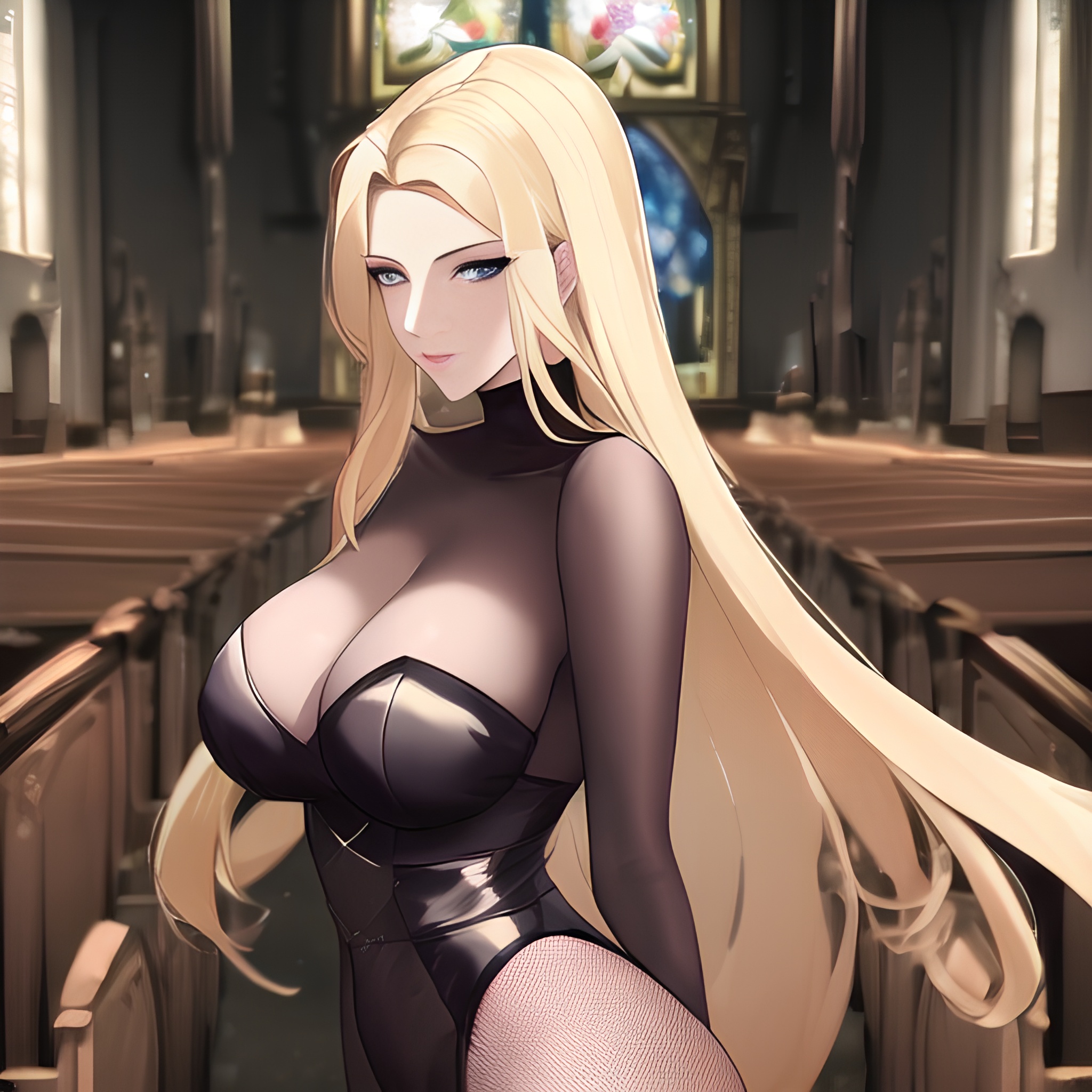 long hair fishnet woman church front view blonde nude small boobs