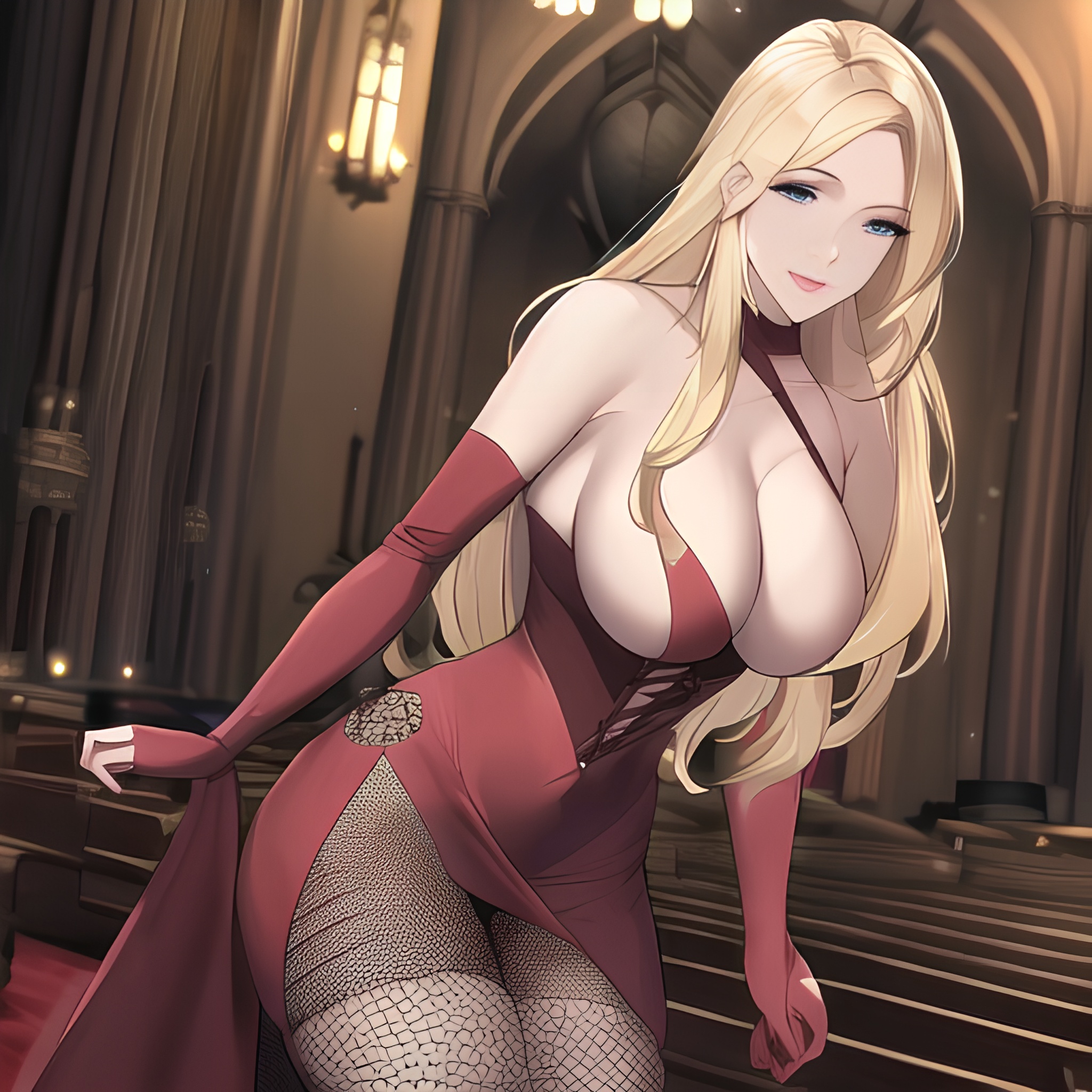 long hair front view blonde fishnet small boobs woman church nude 