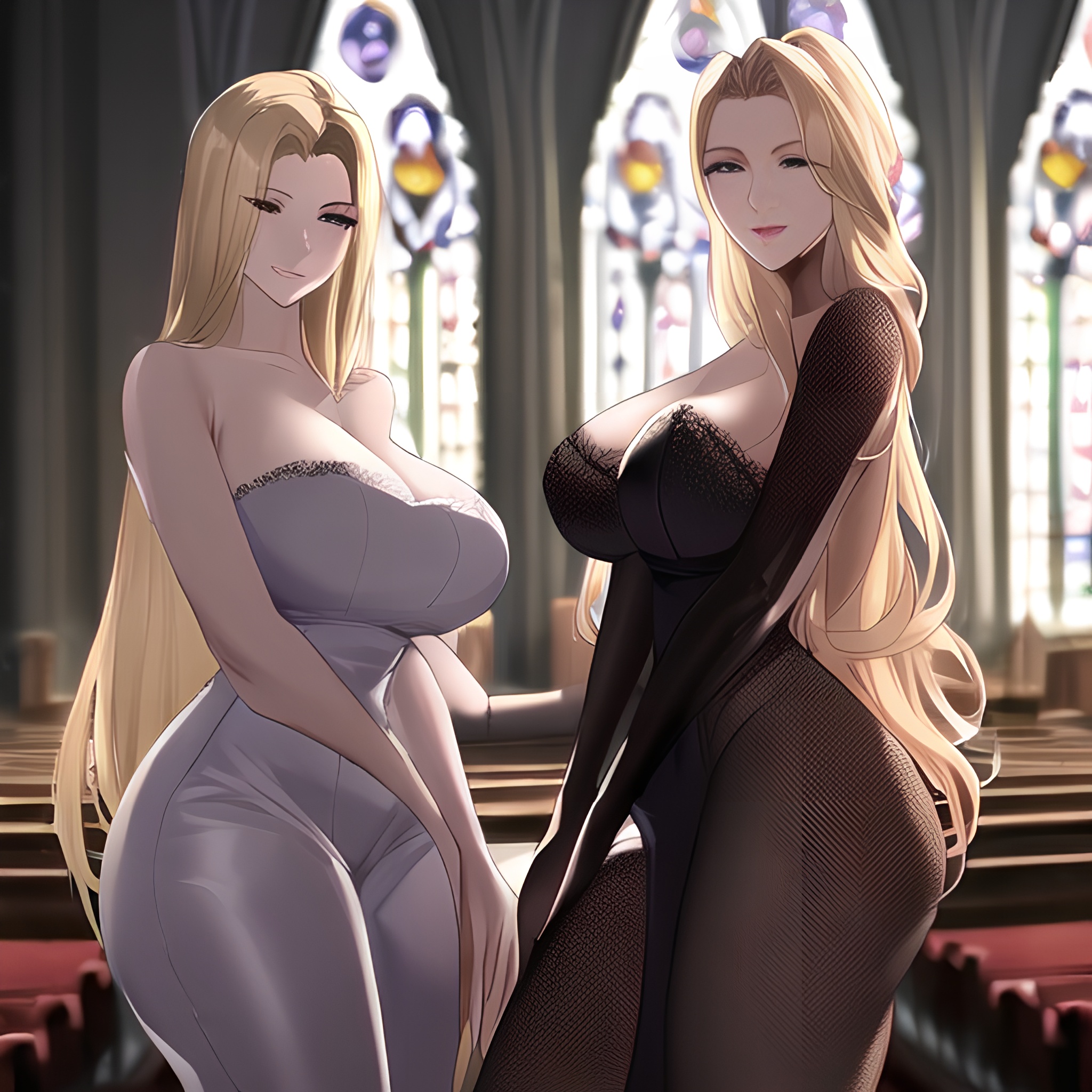 long hair front view blonde nude fishnet small boobs church woman 