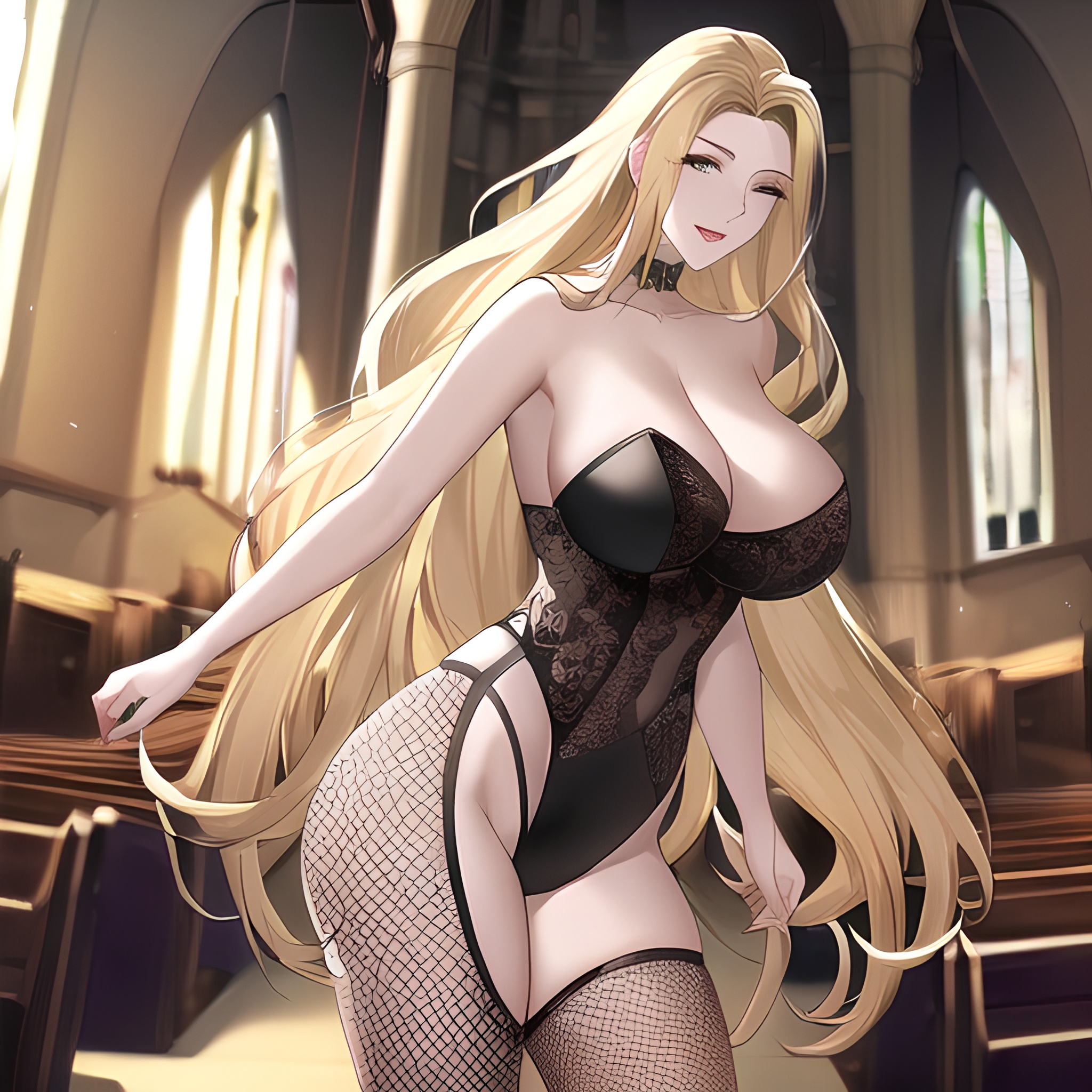 long hair front view nude small boobs church fishnet blonde woman 