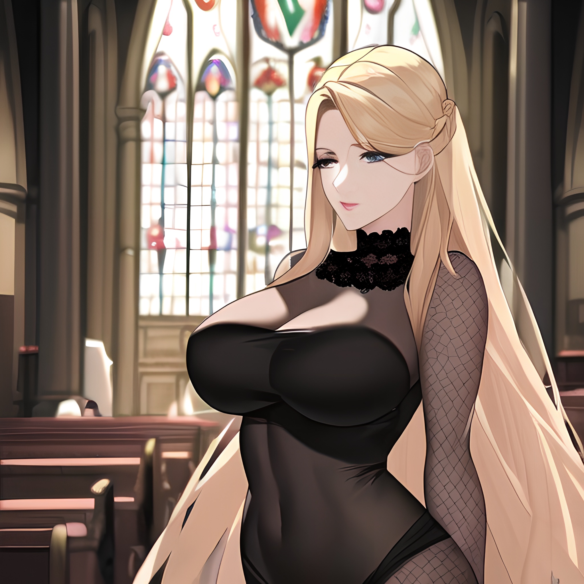 long hair front view nude small boobs fishnet blonde church woman