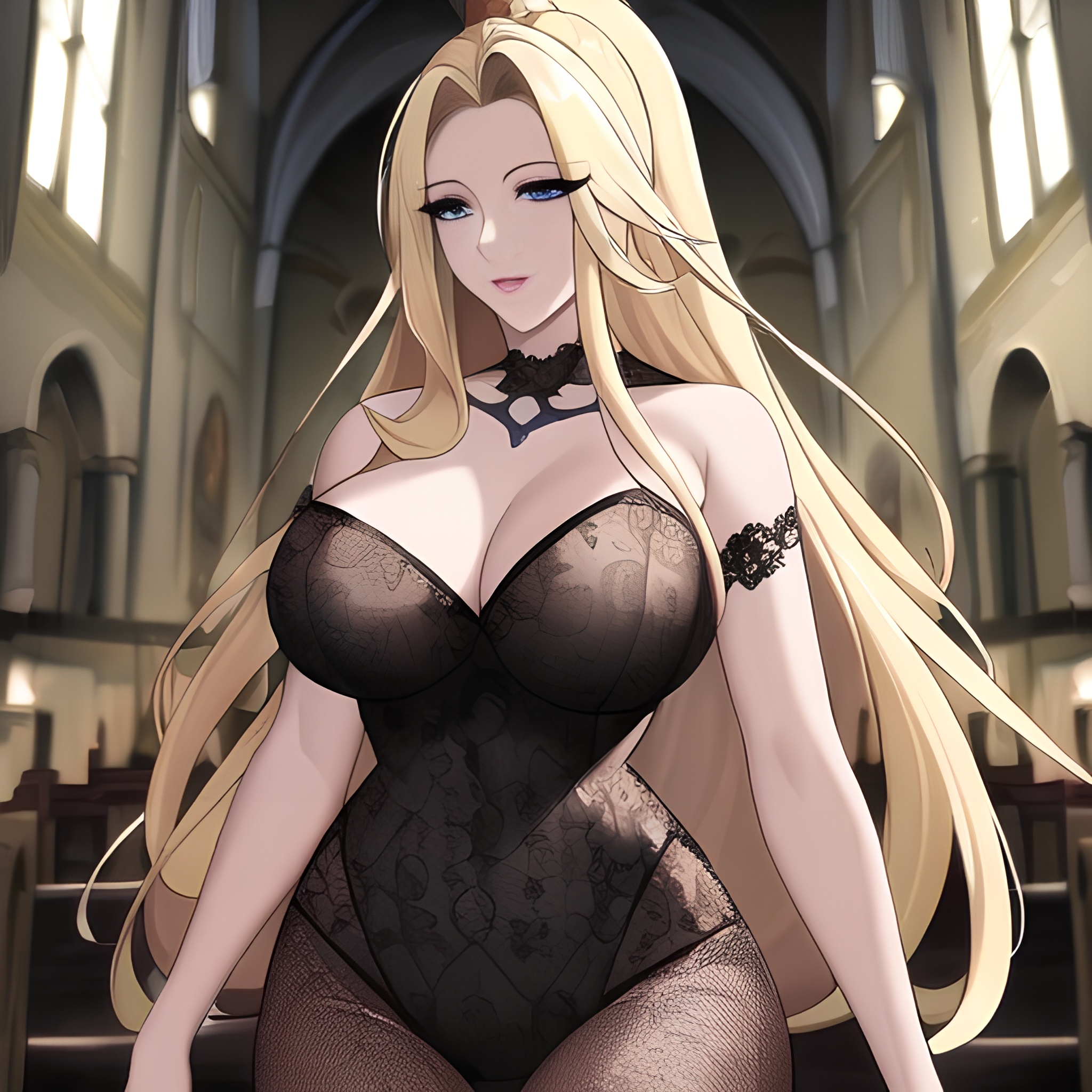 long hair front view nude small boobs woman fishnet blonde church 