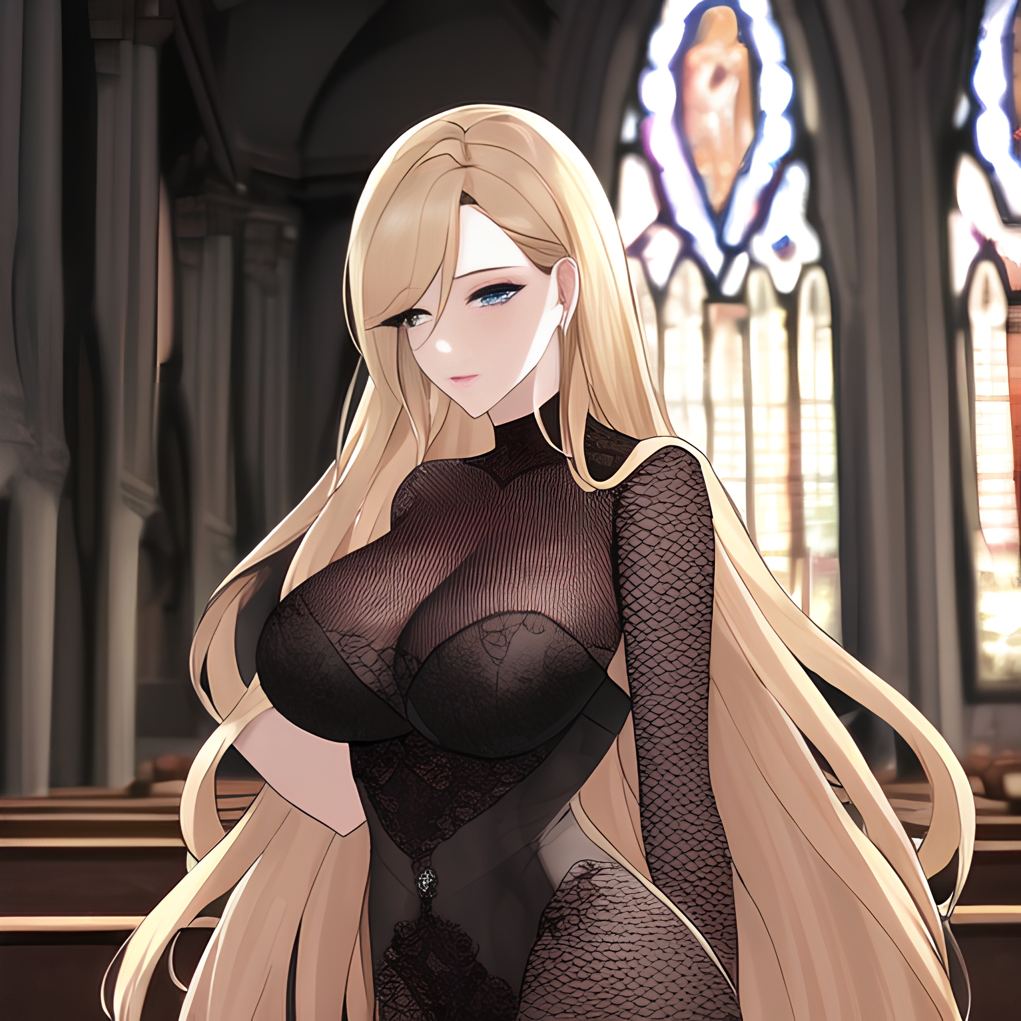 long hair front view woman fishnet blonde small boobs nude church 