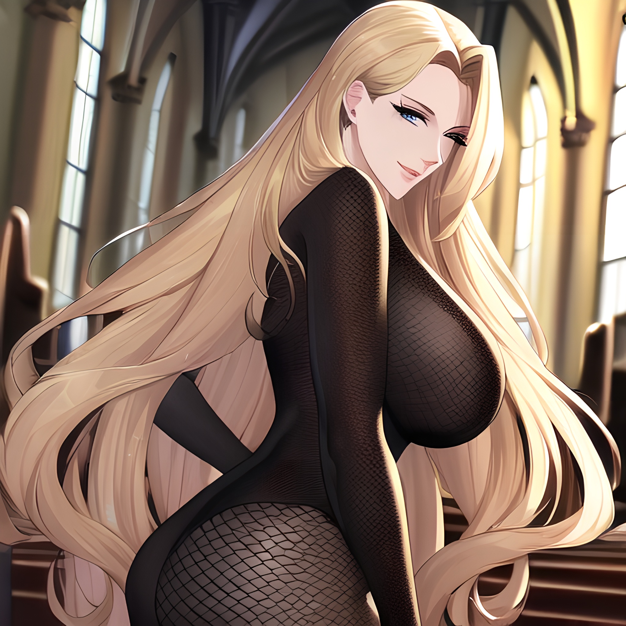 long hair front view woman nude blonde church small boobs fishnet 