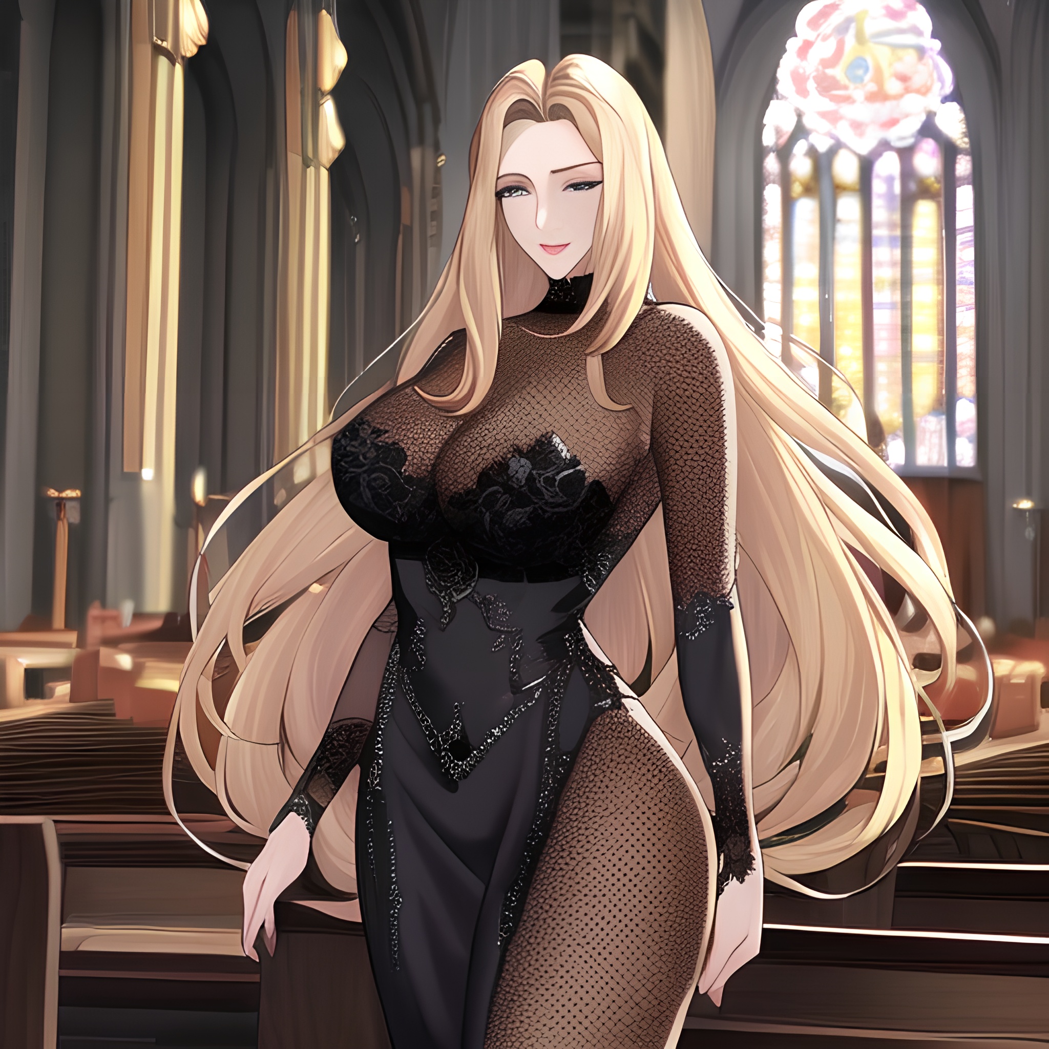 long hair front view woman nude fishnet church small boobs blonde