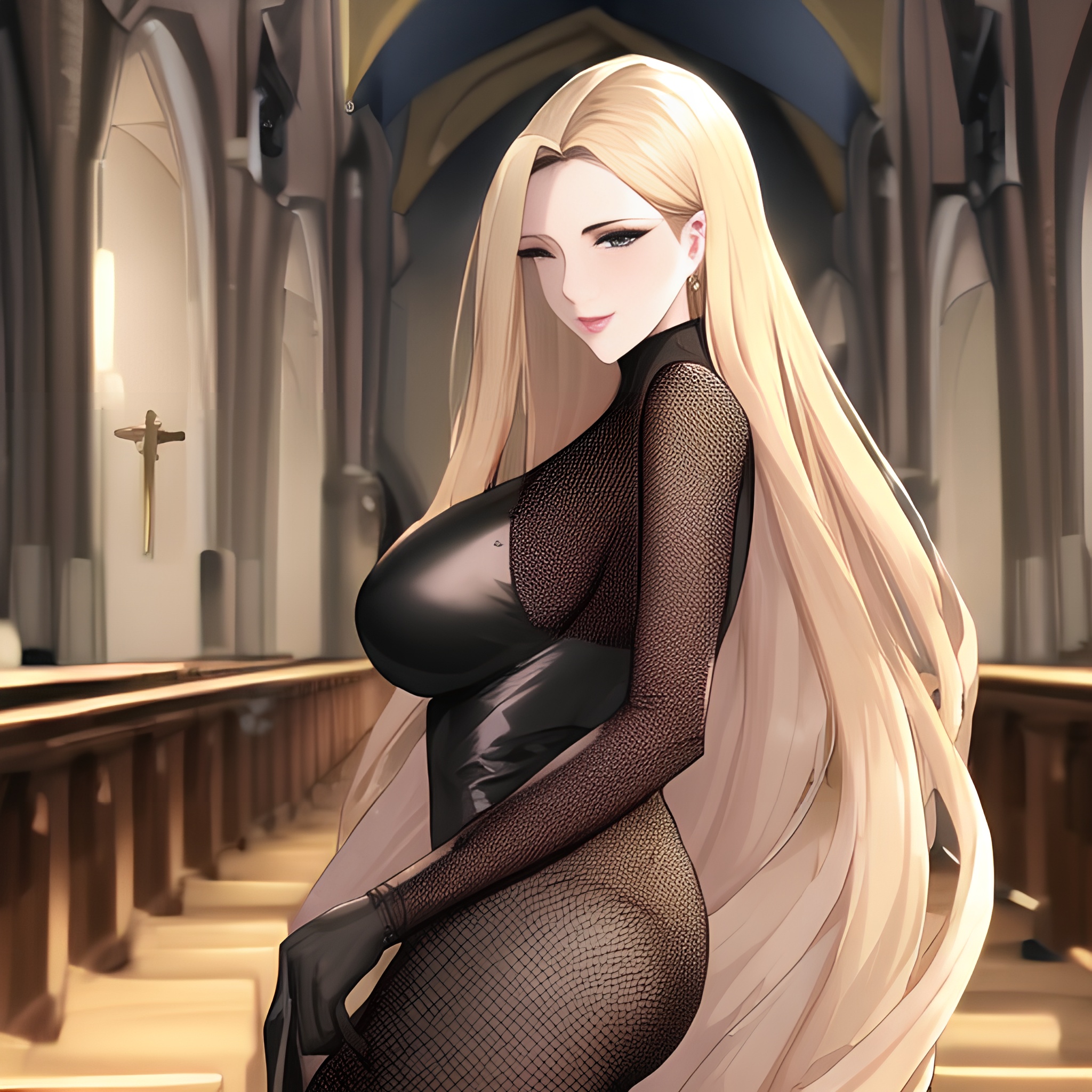 long hair nude church blonde woman small boobs fishnet front view 
