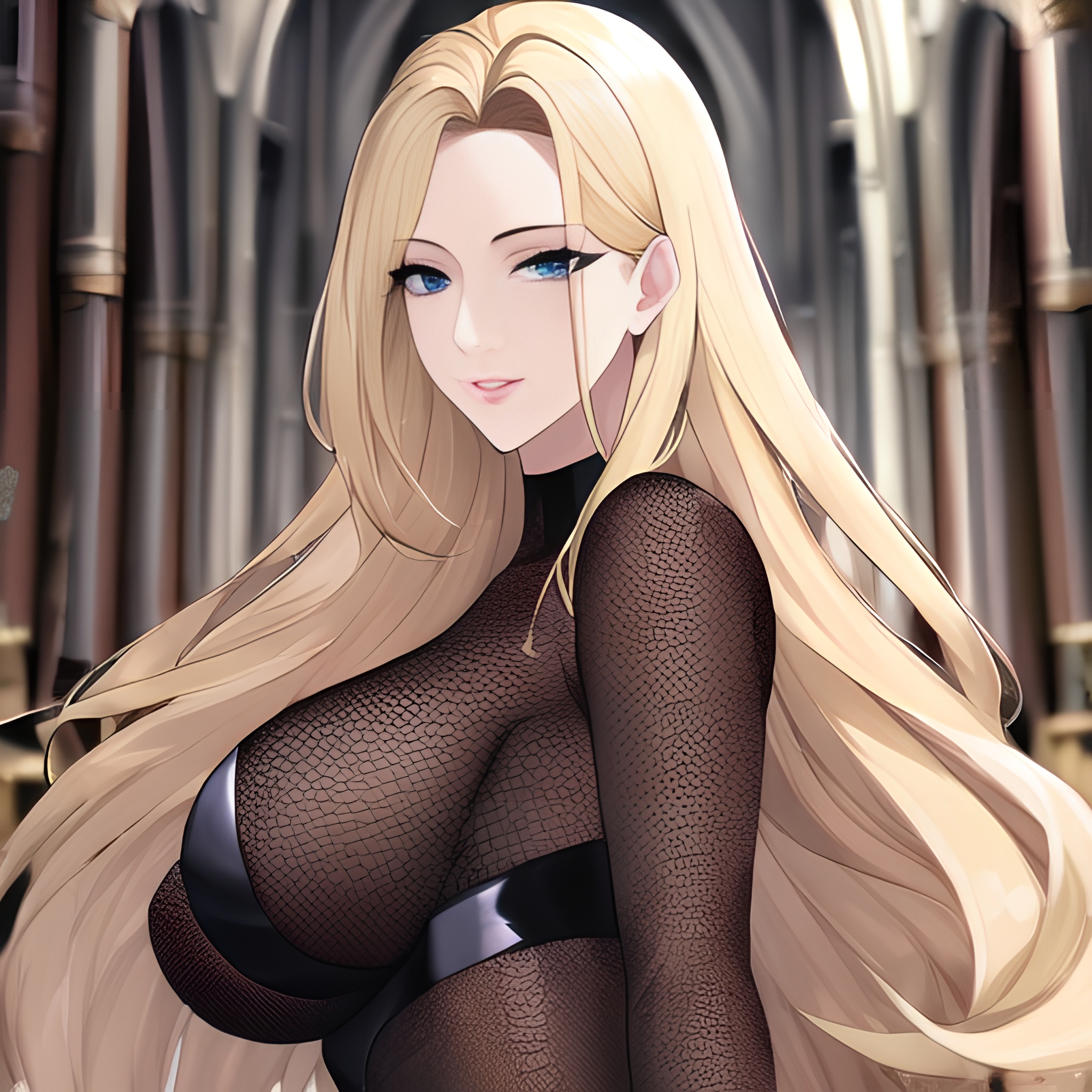 long hair nude church front view woman fishnet blonde small boobs 