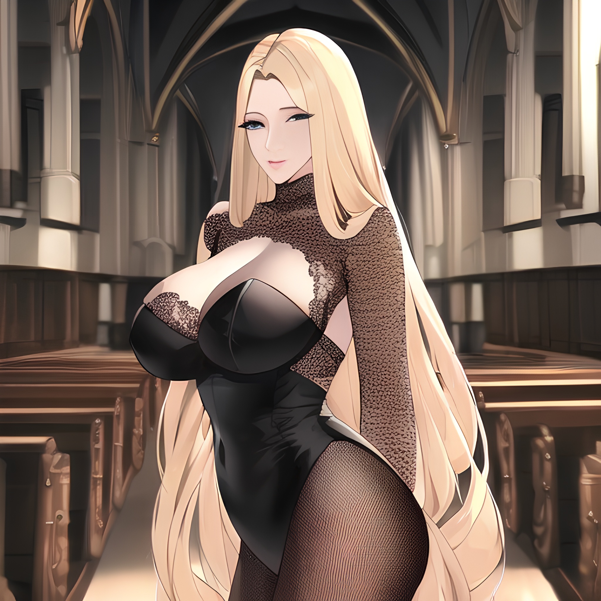long hair nude fishnet woman front view church small boobs blonde 