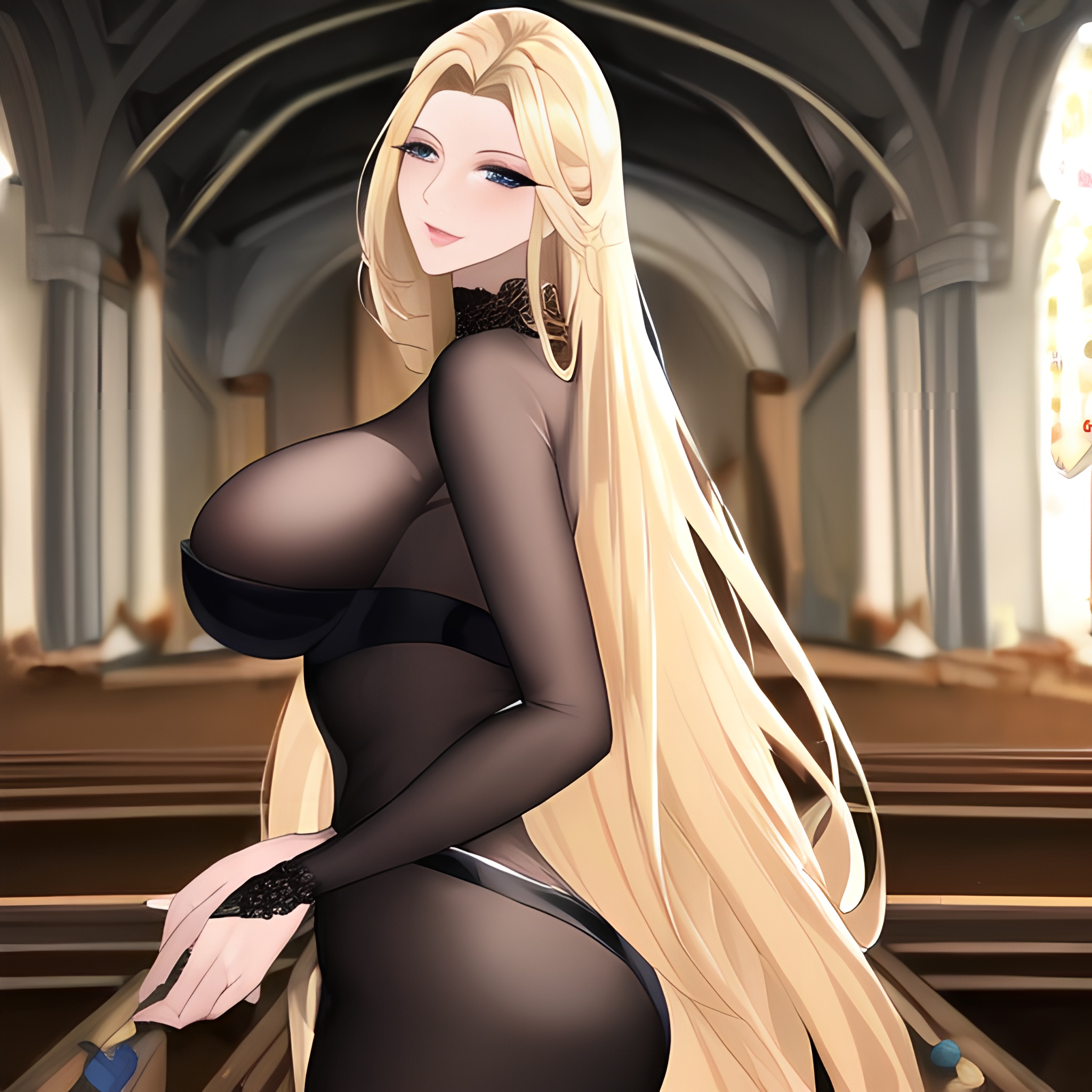 long hair nude small boobs fishnet front view woman church blonde 